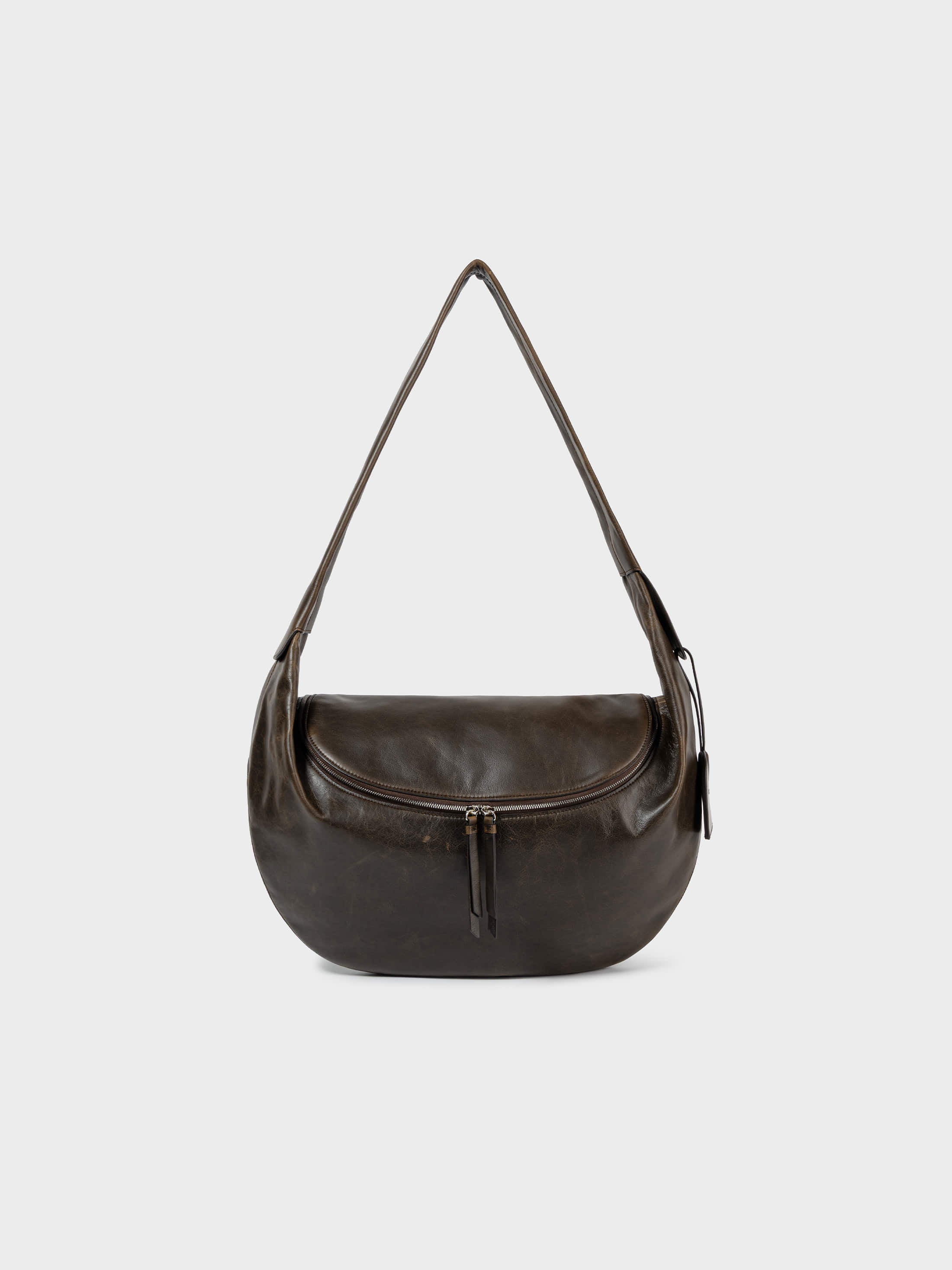 Low Classic Brown Leather Cocoon Double Zip Crossbody Bag at Alas Eius