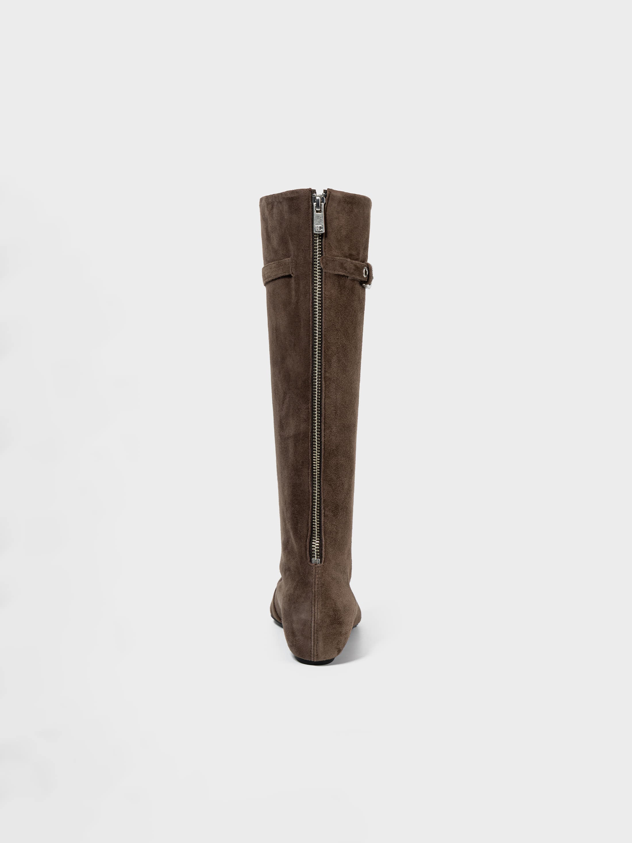 Back view of the Low Classic Brand Brown Suede Middle Boots featuring a slouchy leg, a strap and buckle detail at the top, and an exposed back zipper at Alas Eius. 