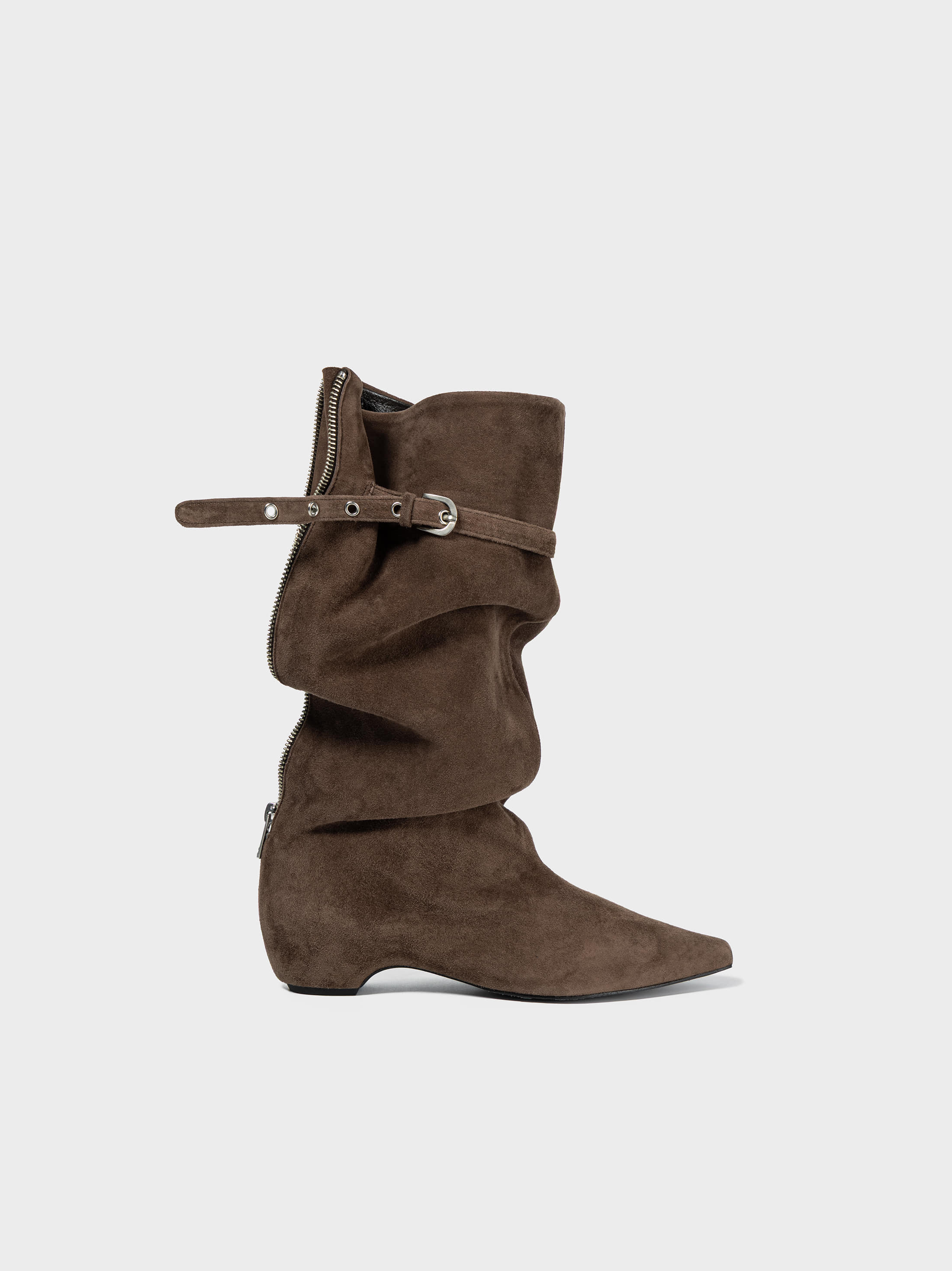 Side view of the Low Classic Brand Brown Suede Middle Boots featuring a slouchy leg and a strap and buckle detail at the top at Alas Eius. 