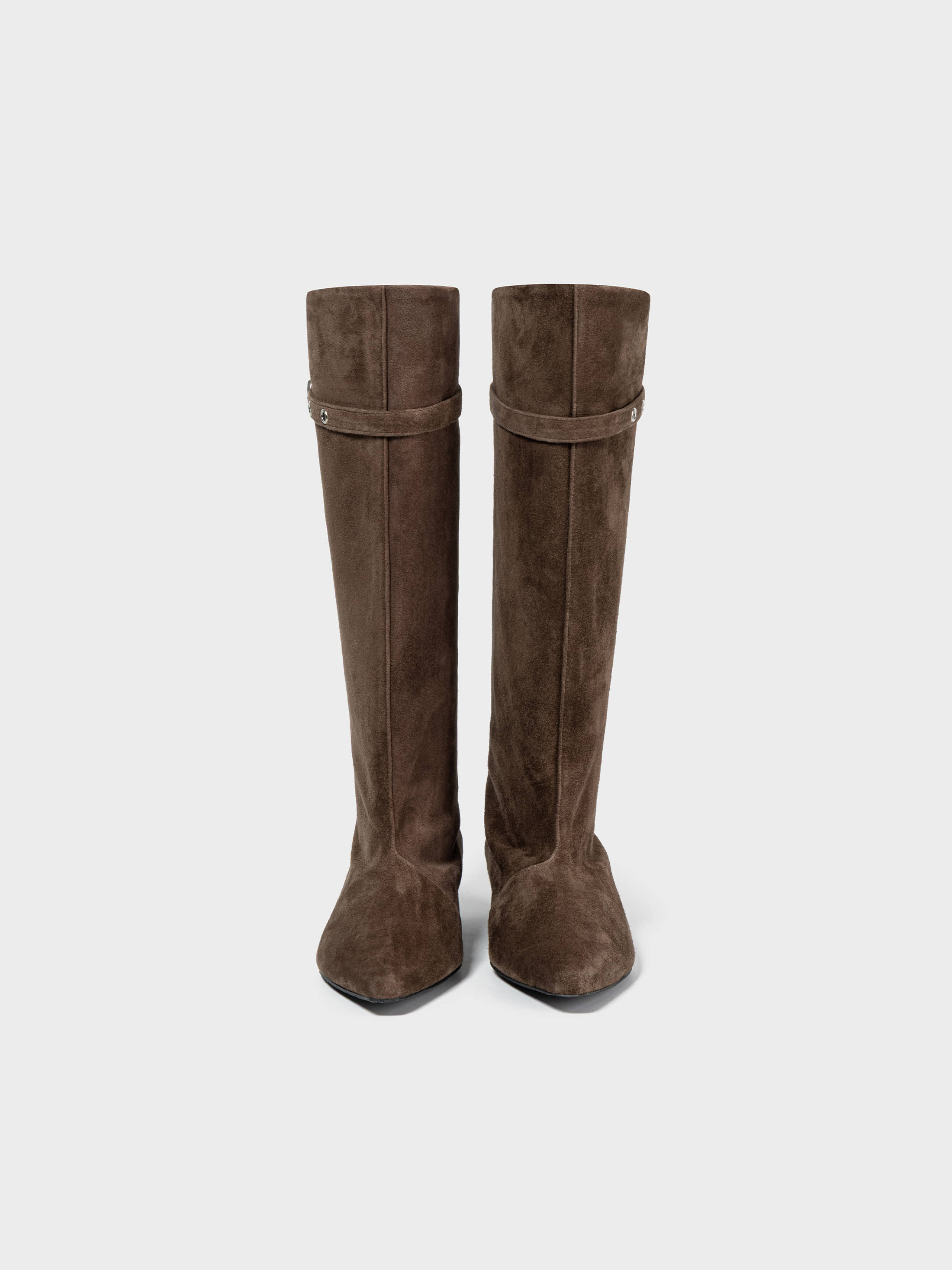 Front view of the Low Classic Brand Brown Suede Middle Boots featuring a slouchy leg and a strap and buckle detail at the top at Alas Eius. 