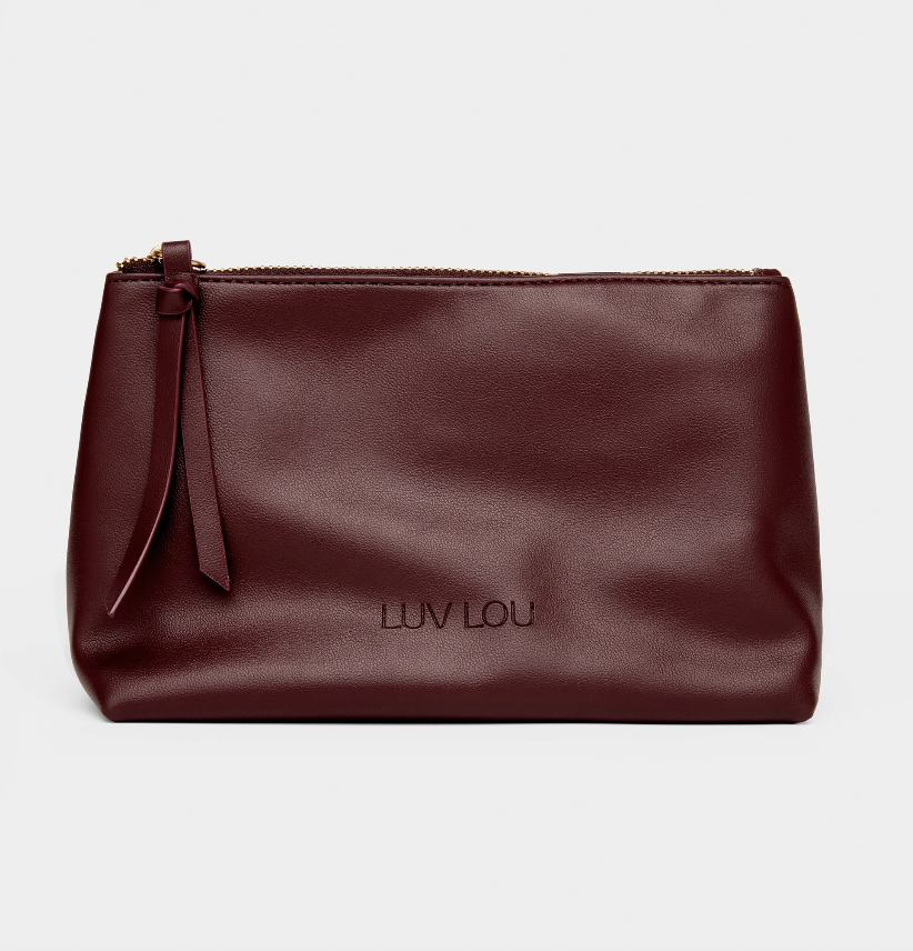 Luv Lou The Evie Medium Beauty Bag in Bordeaux Vegan Leather at alas eius