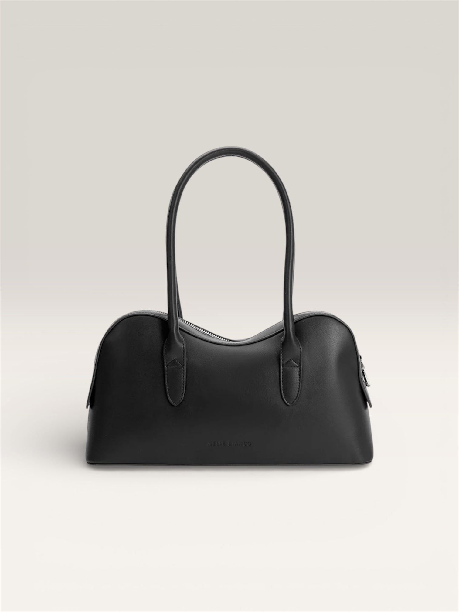 Sleek and modern Melie Bianco Tilda Large Black Vegan Leather Shoulder Bag on a white background at Alas Eius 