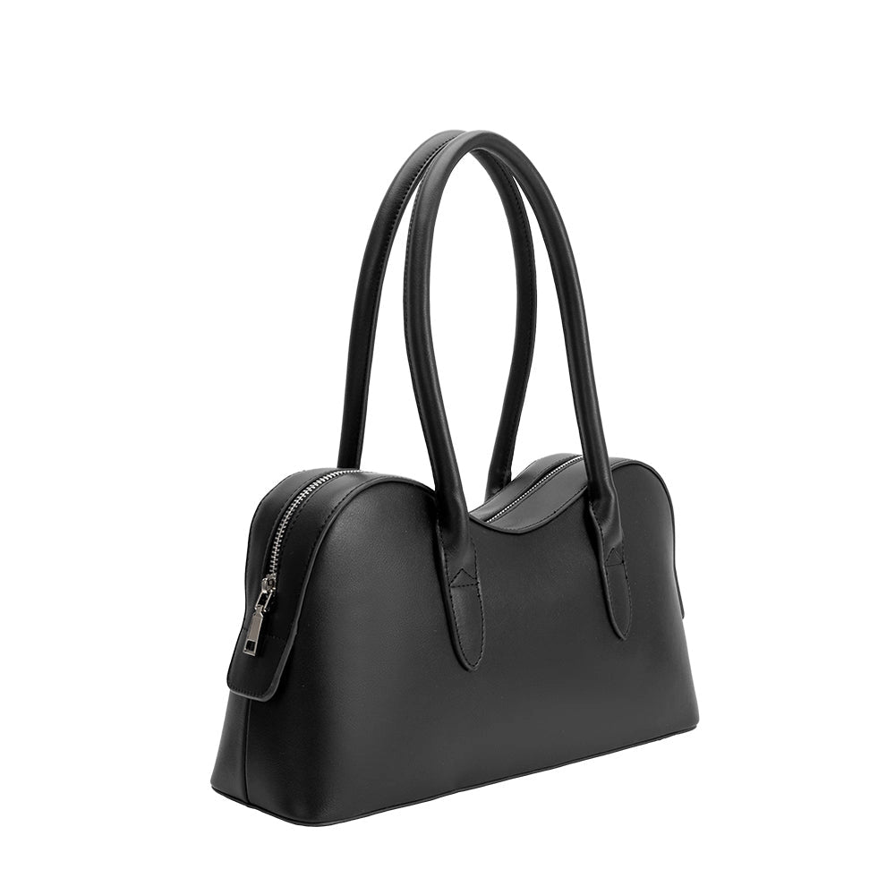 Close-up 3/4 view of the sleek and modern Melie Bianco Tilda Large Black Vegan Leather Shoulder Bag on a white background at Alas Eius 