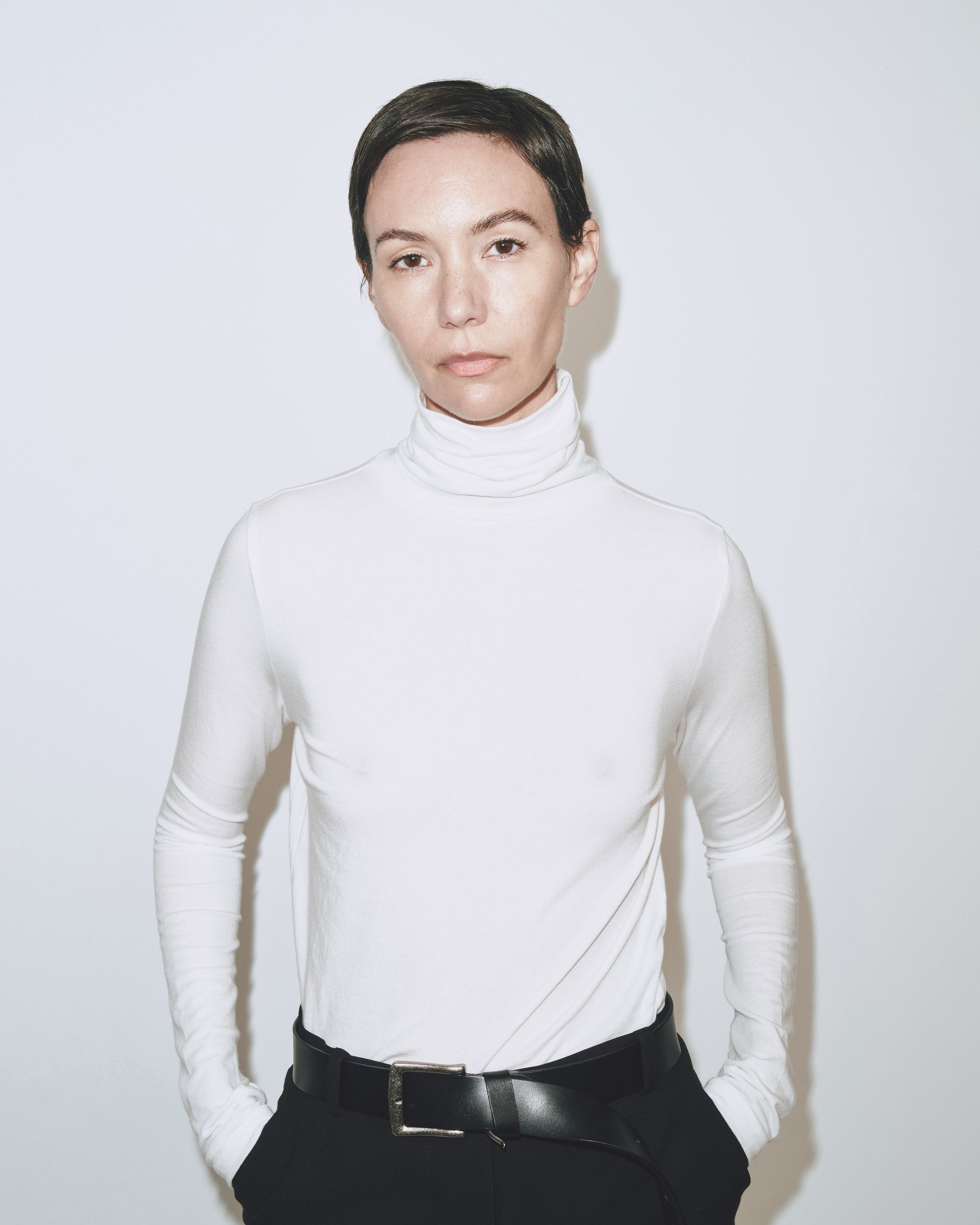 Mijeong Park White Roll Neck Jersey Top at Alas Eius
