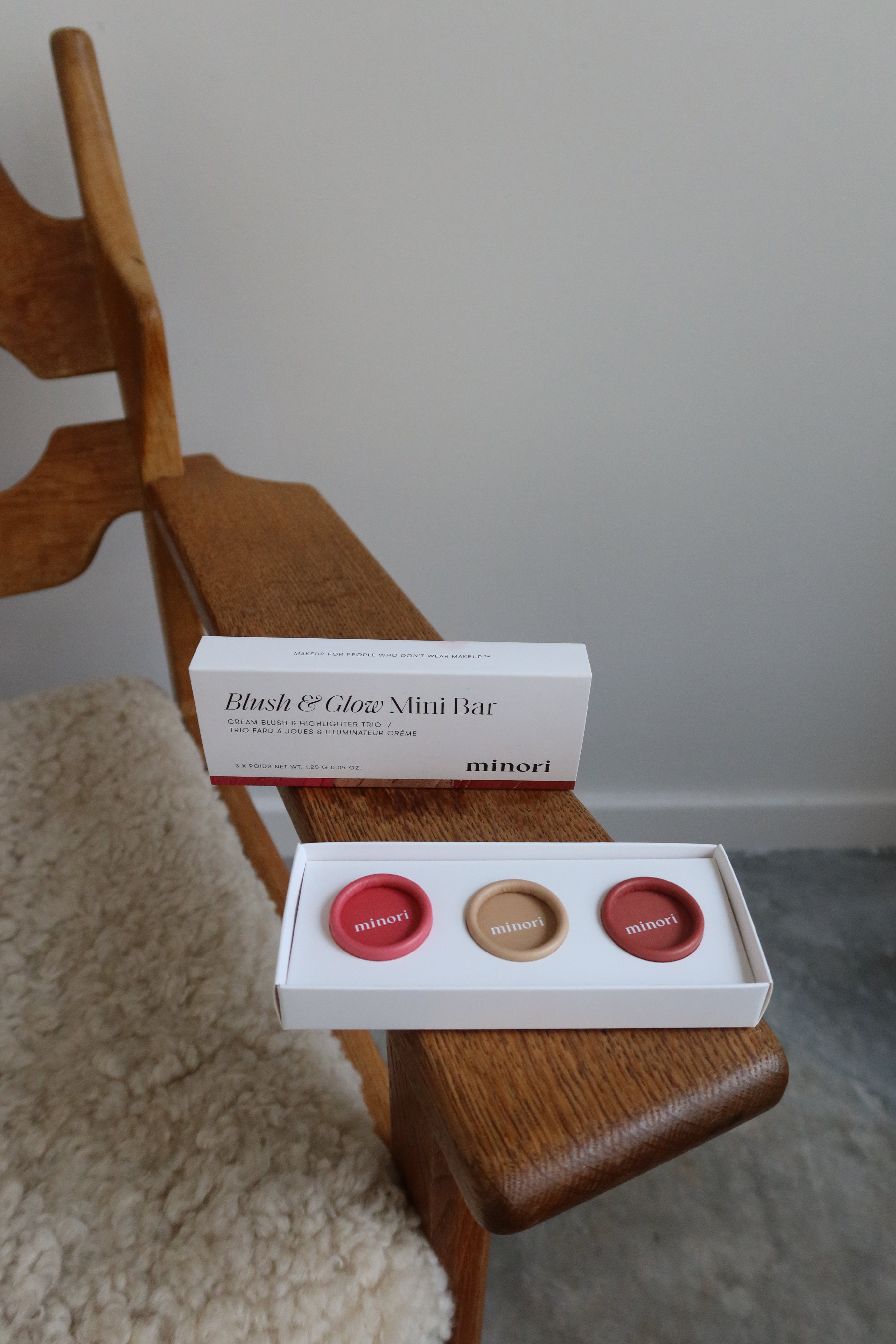 Minori Blush And Glow Makeup Set with 2 cream blushes minis and a cream highlighter mini. Comes in travel friendly, zero-waste paper packaging at Alas Eius