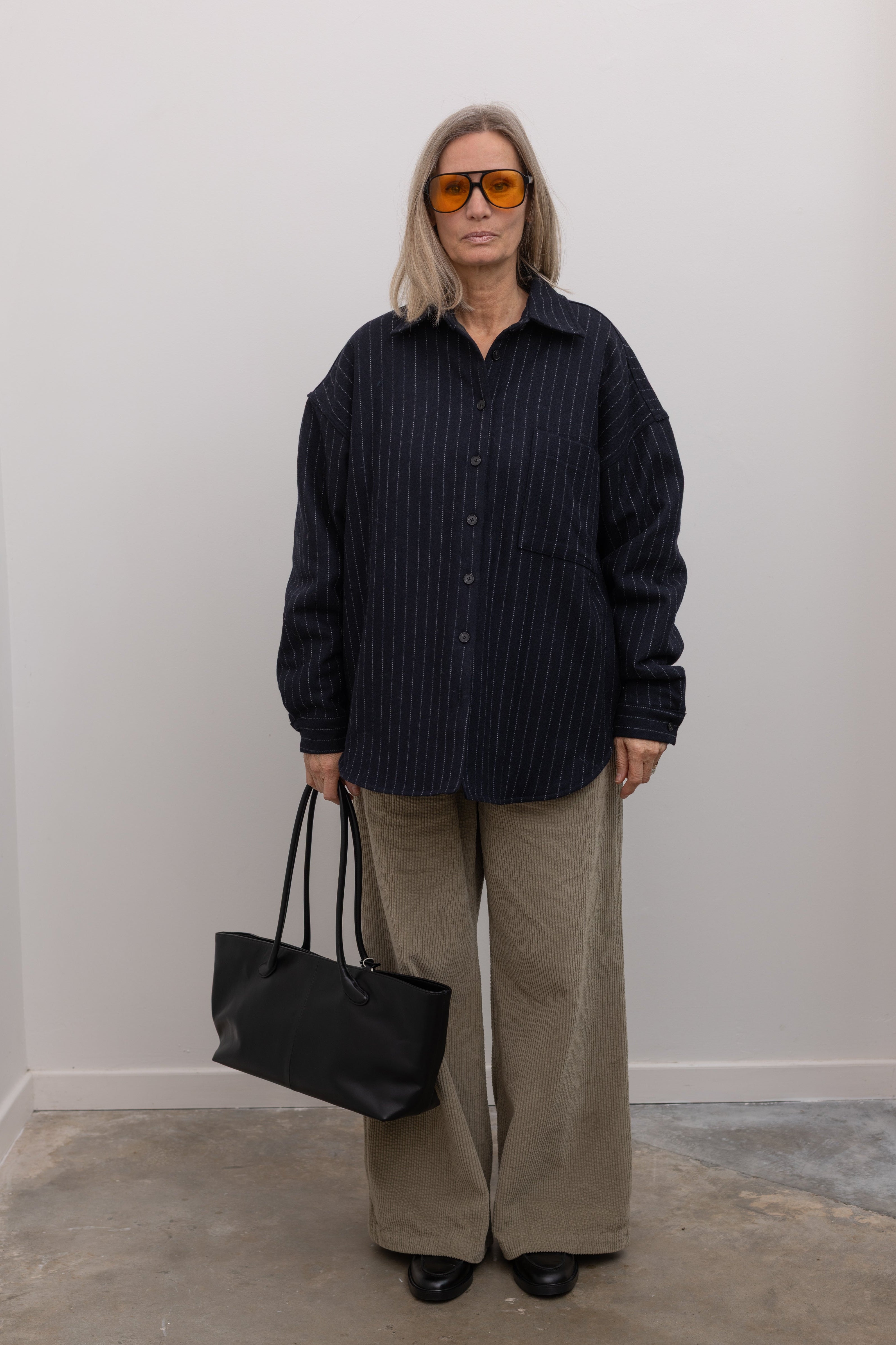 Navy pinstripe shacket at alas eius