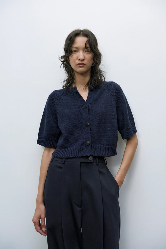 Navy Cotton Knit Cropped Button Up Top