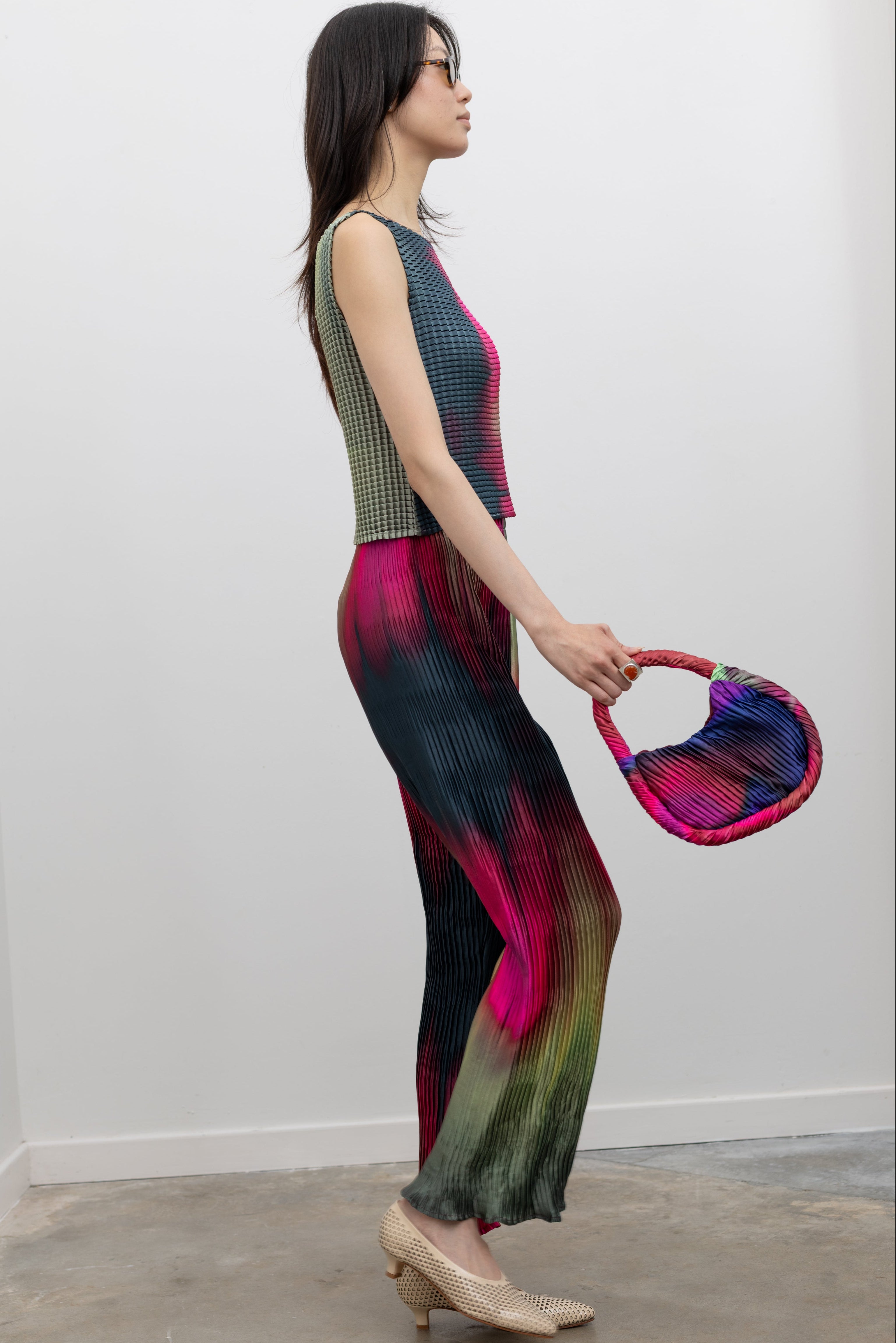 Nin Studio Vermis Simple Pant elastic waist cropped straight leg pants with lettuce hem detail, bold neon pink green black palette designer womens trousers at Alas Eius