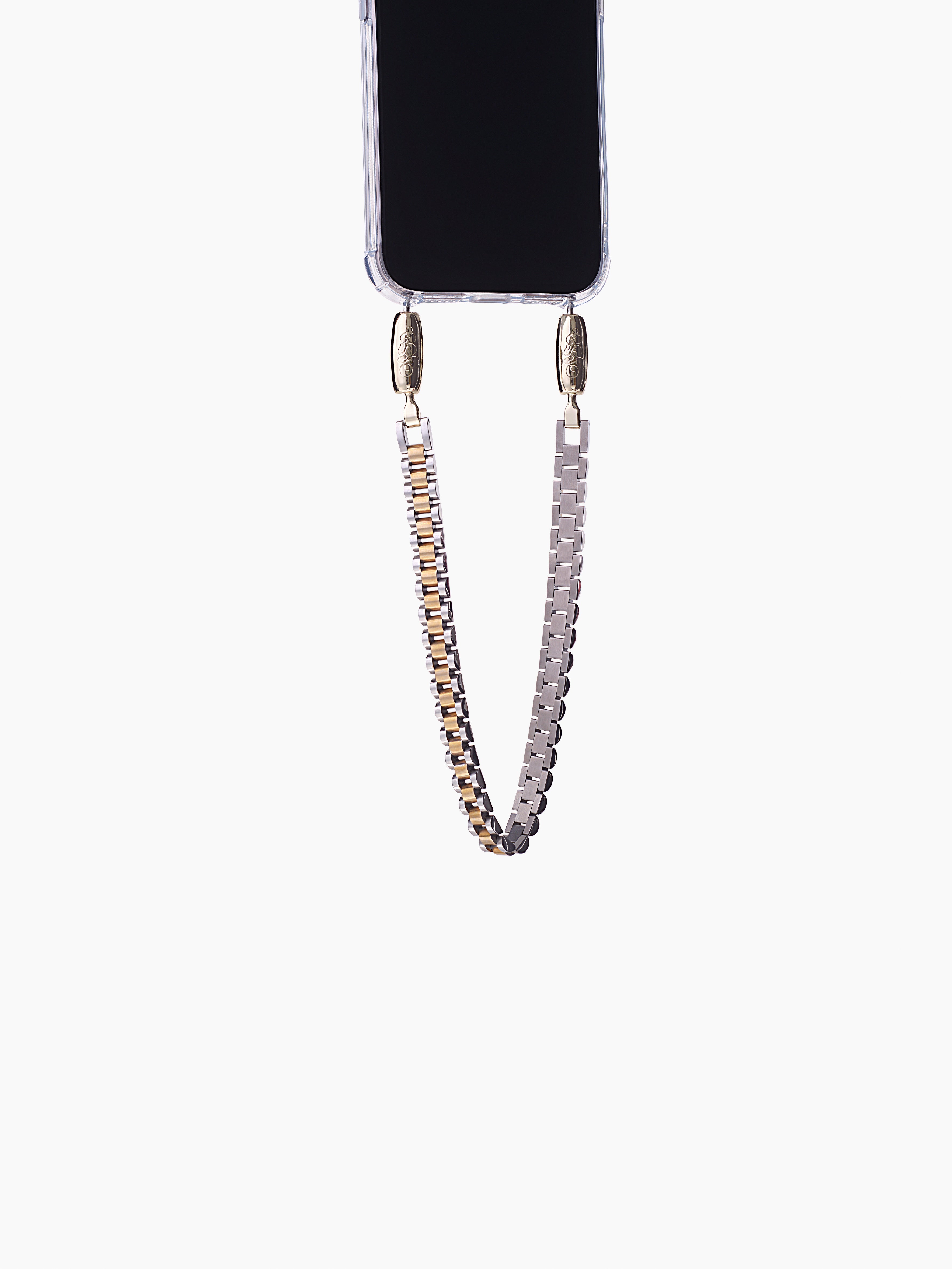 Gold and silver watchband links create the Ossa Jubilee watchband Wristlet iPhone Accessory at Alas Eius.
