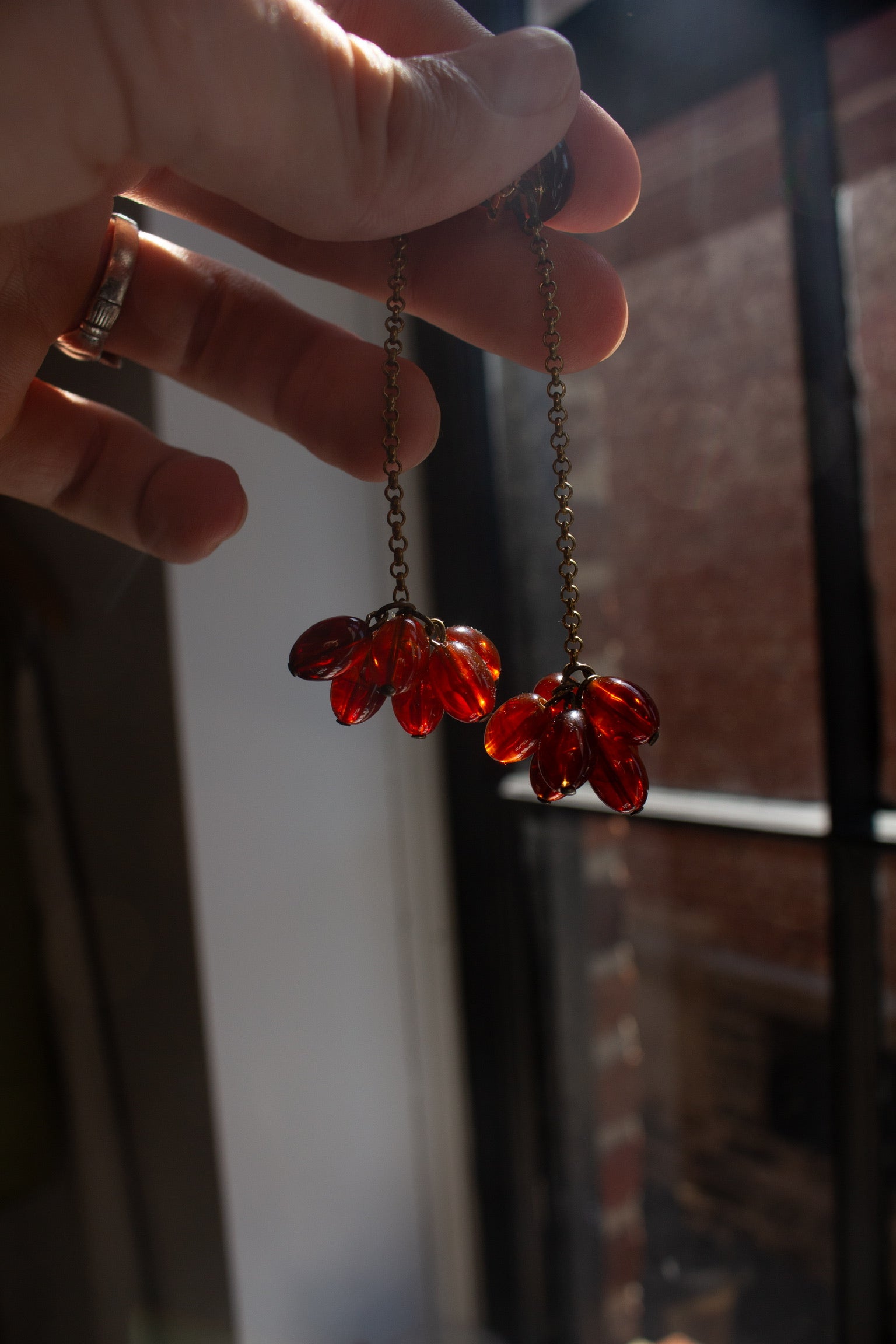 Rachel Comey Dark Tortoise Laurel Beaded Drop Earring featuring clusters of smooth, oval-shaped beads strung on a fine chain, finished with a rounded cabochon stud at an Alas Eius store. 