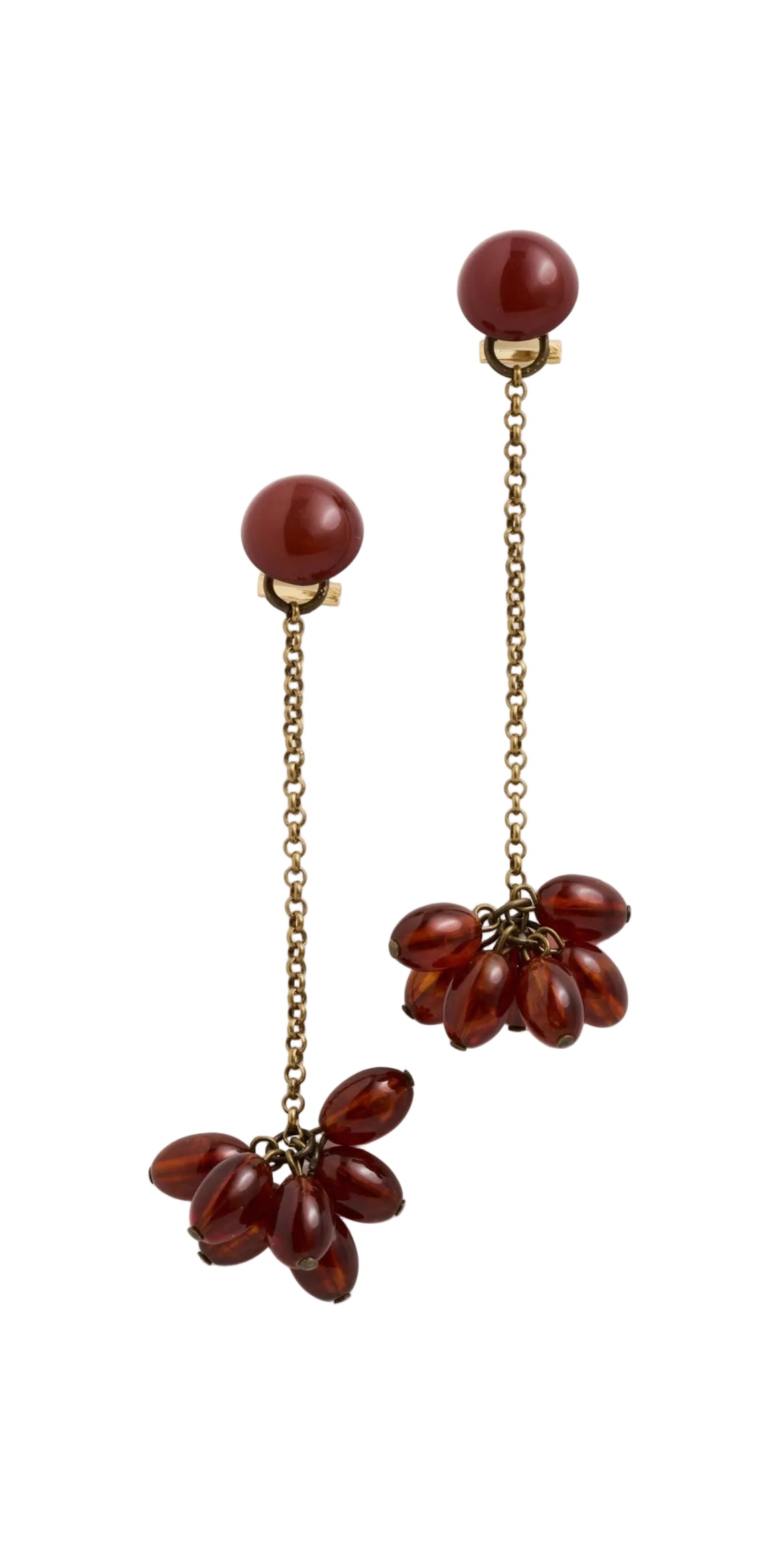 Rachel Comey Dark Tortoise Laurel Beaded Drop Earring featuring clusters of smooth, oval-shaped beads strung on a fine chain, finished with a rounded cabochon stud at an Alas Eius store. 