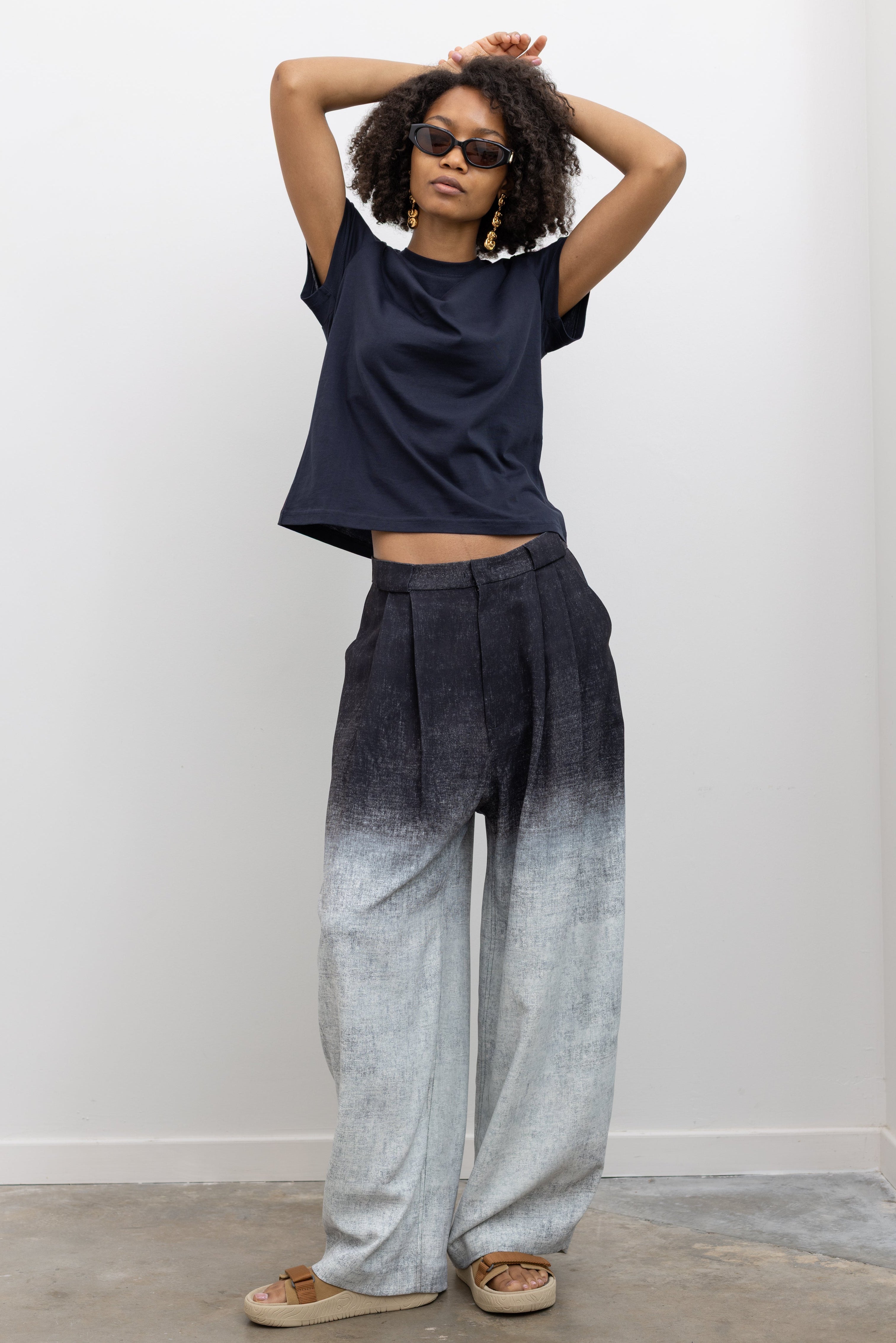 Rachel Comey high-waisted wide-leg pants with soft textured fabric, front pleats, and an ombre finish at Alas Eius.