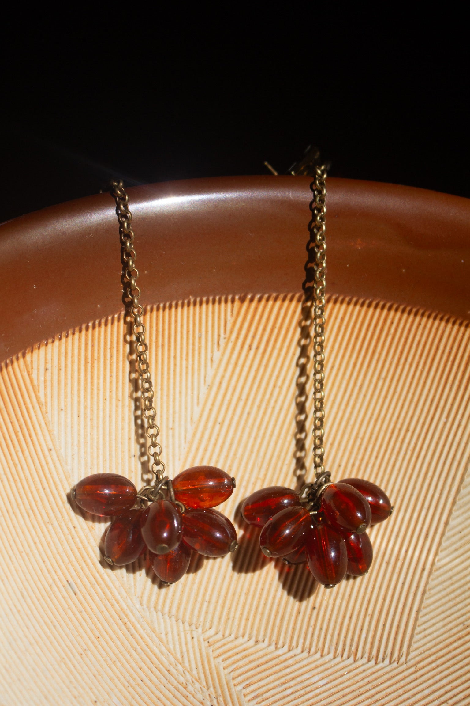 Rachel Comey Dark Tortoise Laurel Beaded Drop Earring featuring clusters of smooth, oval-shaped beads strung on a fine chain, finished with a rounded cabochon stud at an Alas Eius store. 