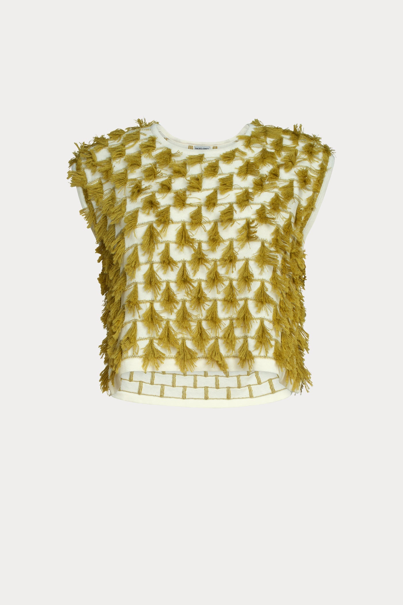 Product view of retro and vintage inspired fashion in a Rachel Comey Cotton and Baby Alpaca Cream Mustard Hazlitt sleeveless knit top detailed with rows of playful, three-dimensional fringes. Designed with a relaxed, boxy cut and finished with a soft crew neckline at Alas Eius. Made in Peru. 