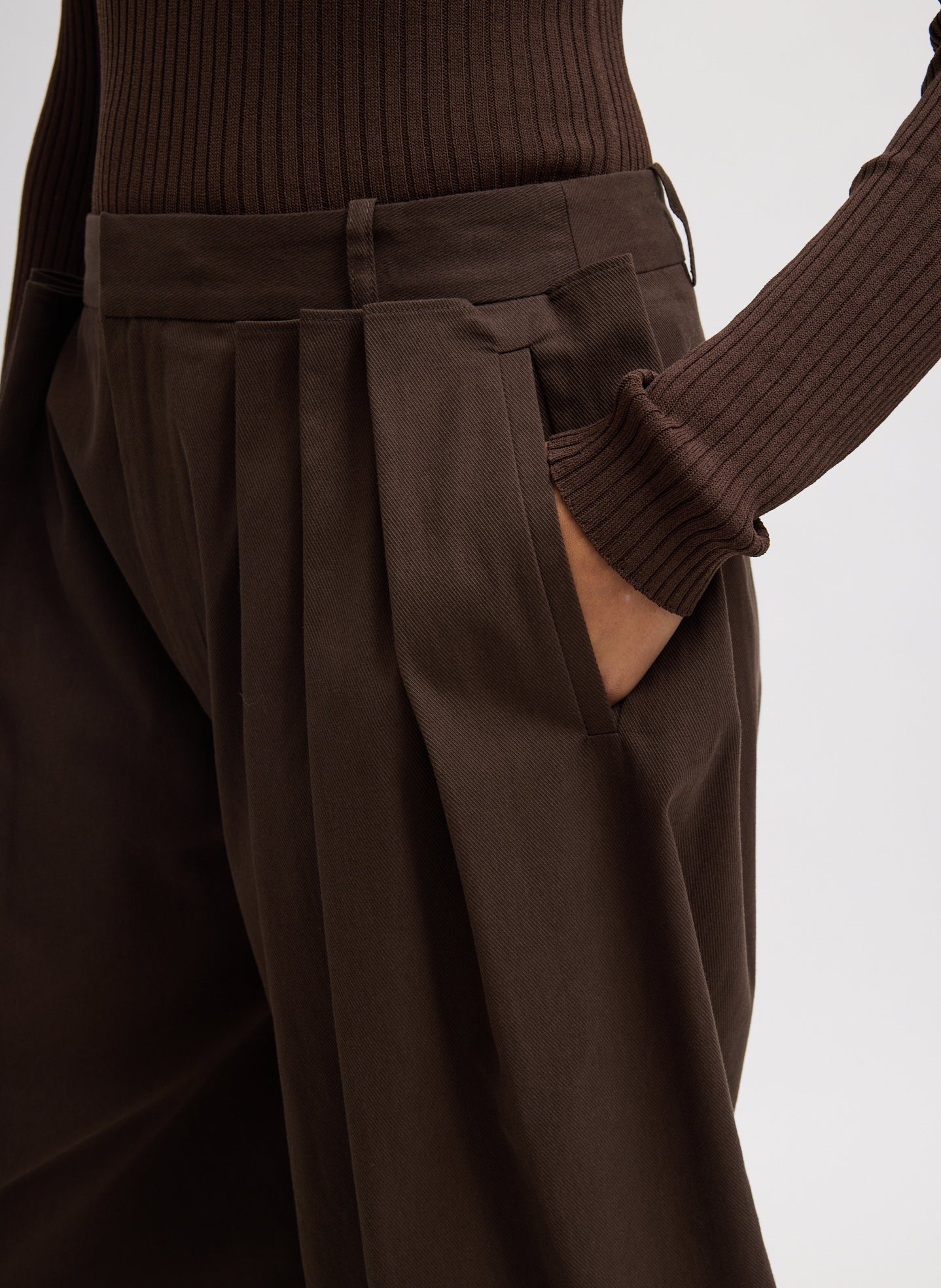 Brown Luxe Spring Twill Tucked Pleated Wide Leg Short