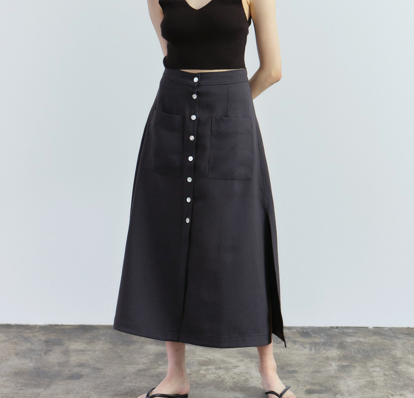 Black Button Front Midi Skirt