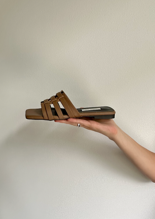 Brown Leather Sqaure Toe Slide Sandals