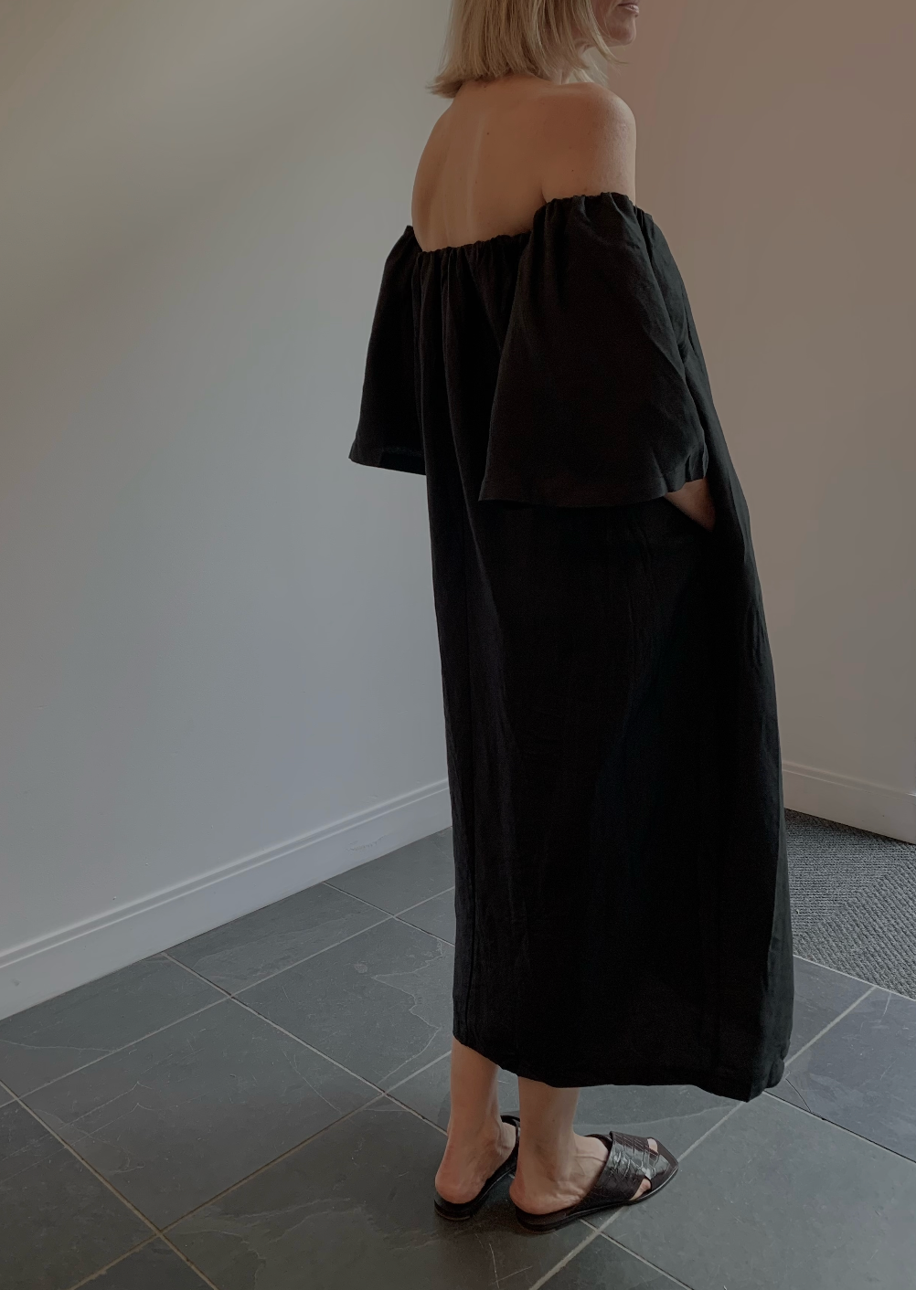 Black Linen Off The Shoulder Midi Dress