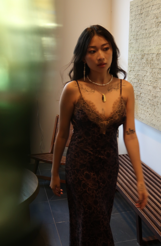 Black And Tan Floral Lace Slip Dress