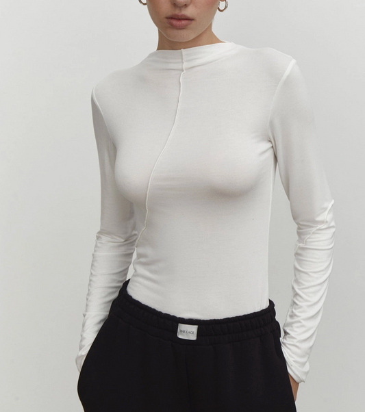 White Fitted Mock Neck Reverse Seam Top