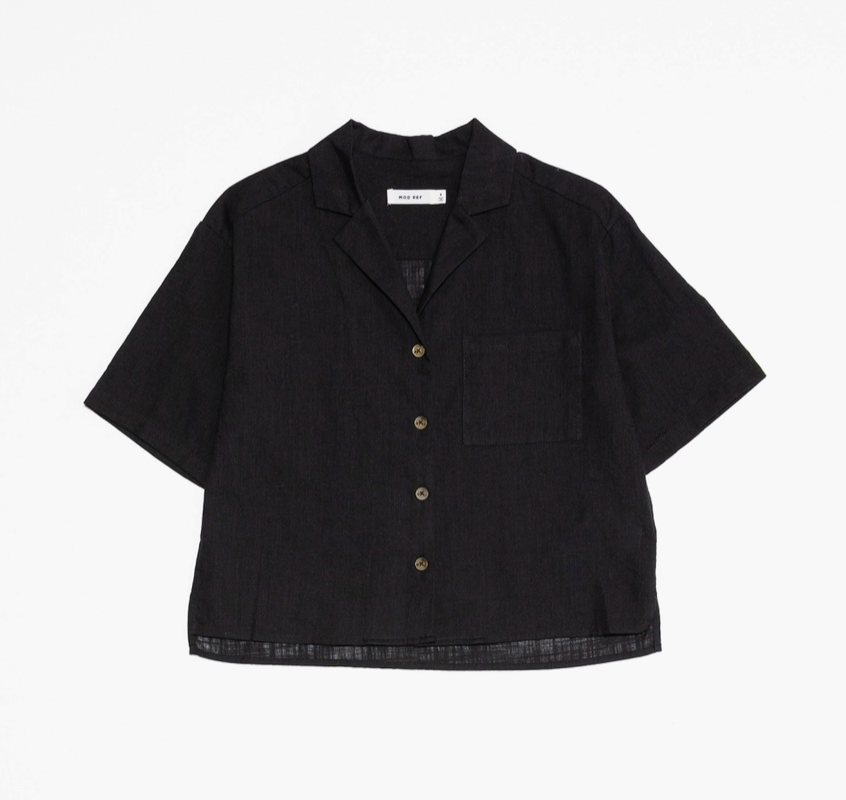 Black Cotton Linen Collard Button Down Top