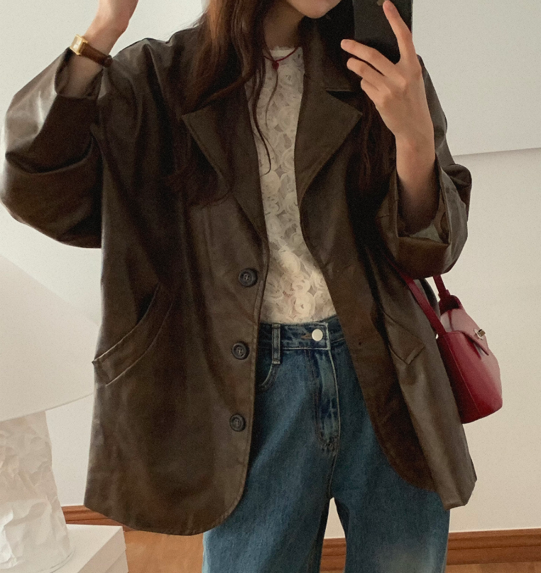 Brown Vegan Leather Button Down Oversized Jacket