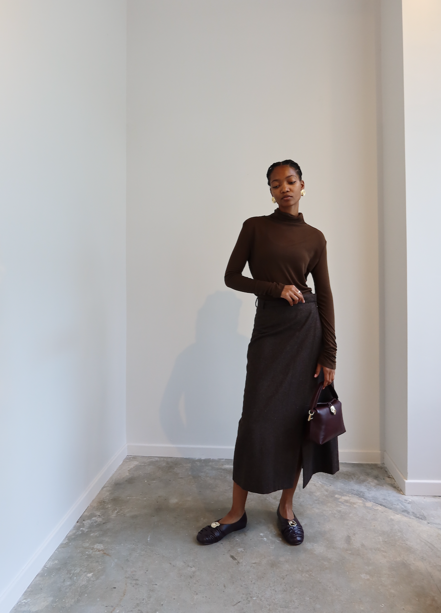 Brown Wool Blend Maxi Wrap Skirt