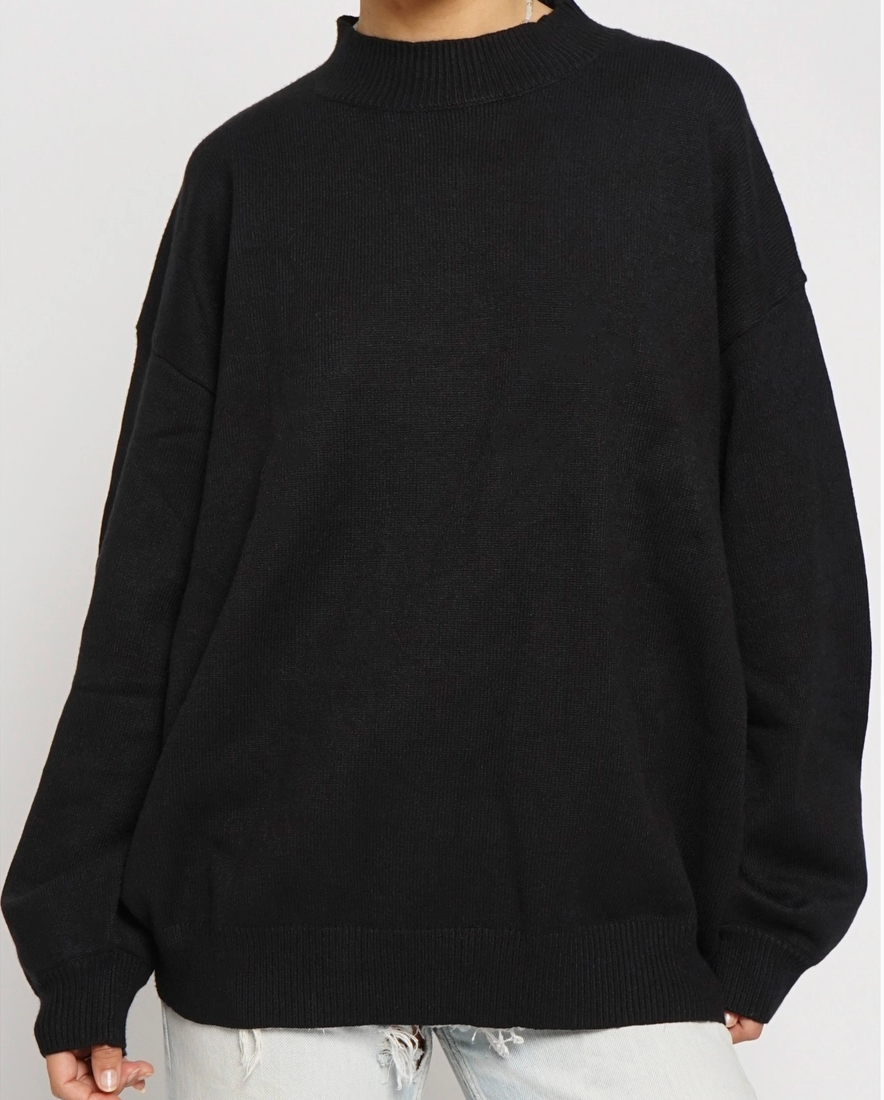 Black Oversized Ribbed Mock Neck Sweater