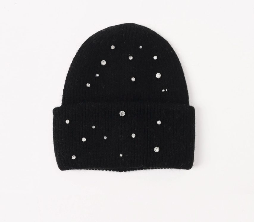 Black Crystal Embellished Angora Beanie