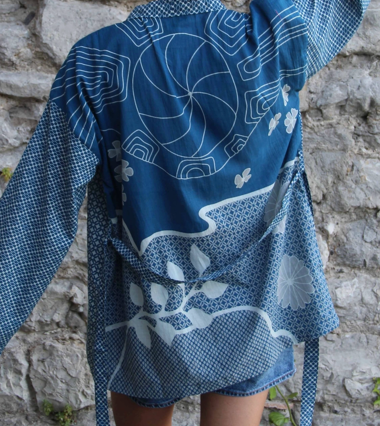 Marine Blue Print Cotton Kimono Wrap Top