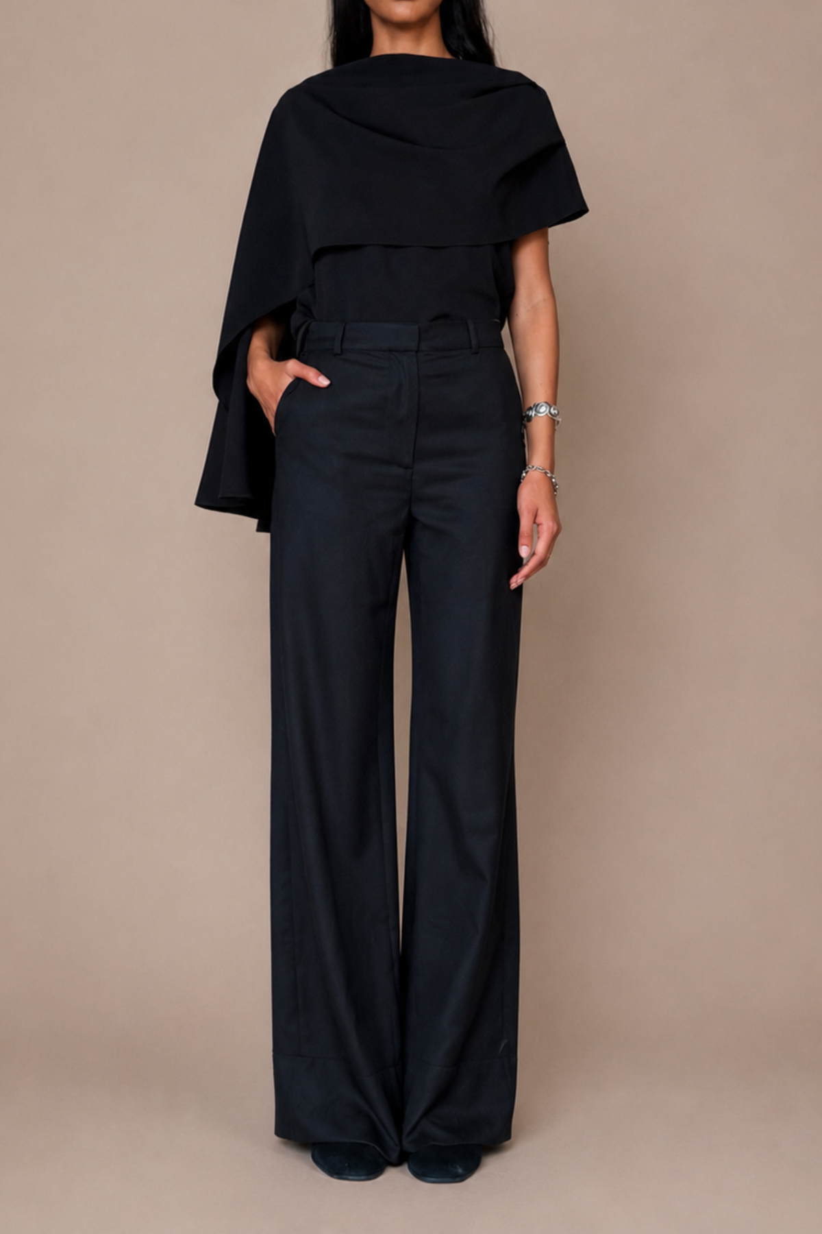 Sloan Black Cape Blouse in fluid crepe with draped cape silhouette at Alas Eius