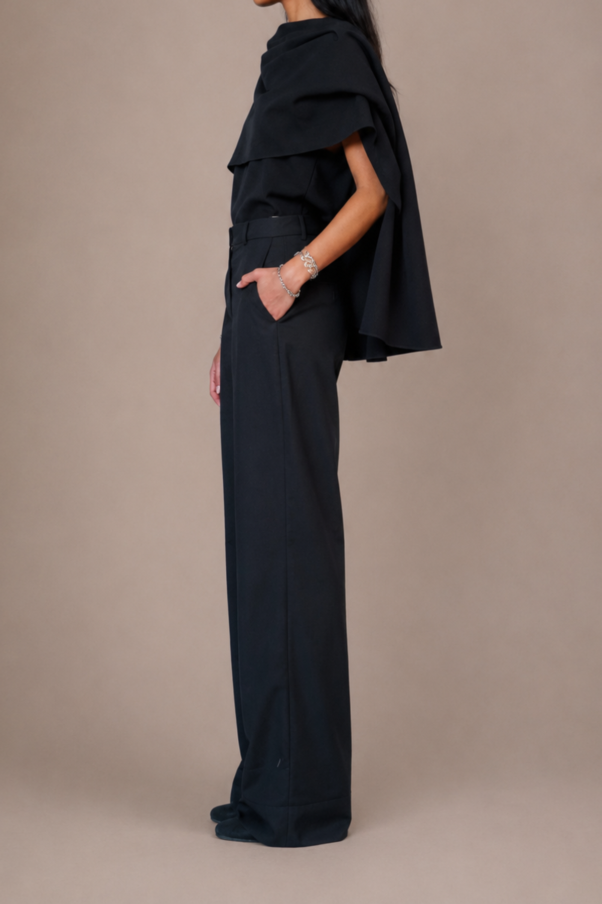 Sloan Black Crepe Cape Blouse with fluid, effortless drape at Alas Eius