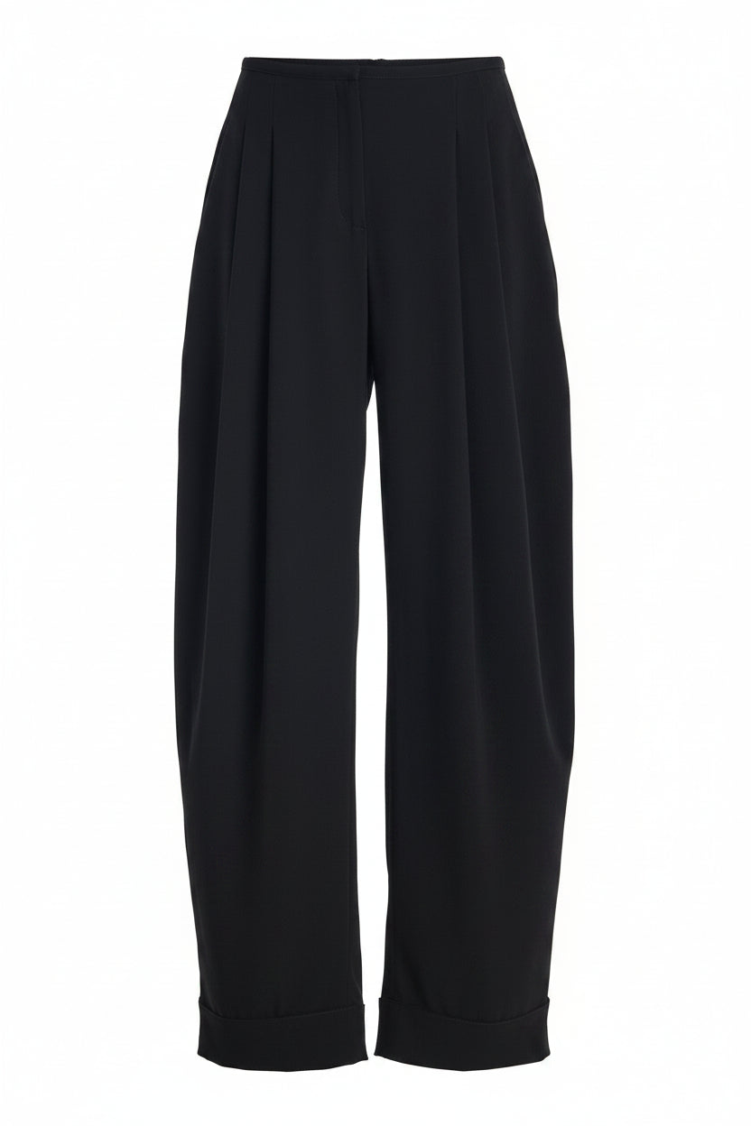 Sloan Black Pleated Crepe Trouser with relaxed barrel-leg silhouette at Alas Eius
