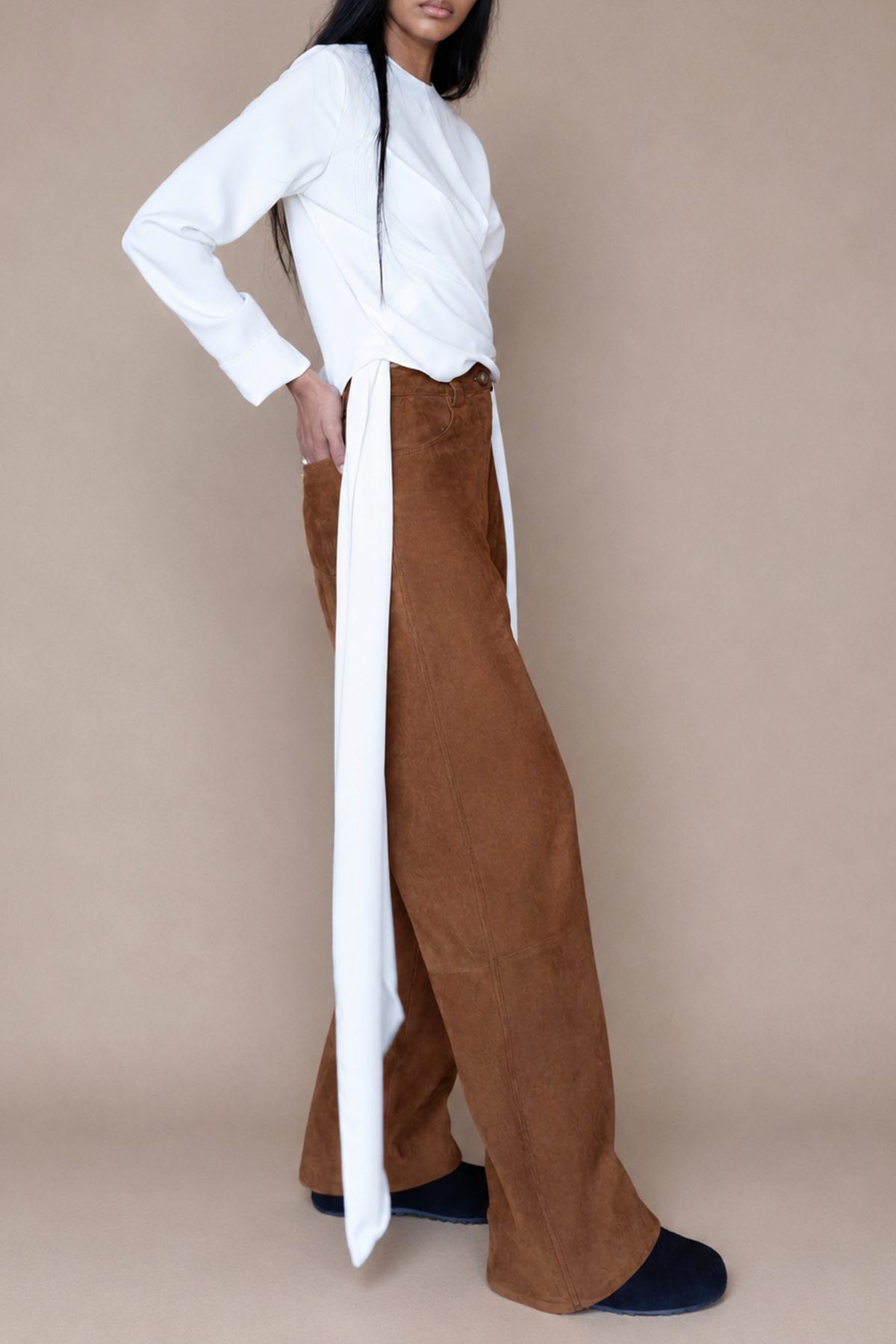 Sloan Ivory Crepe Wrap Top with fluid draped silhouette at Alas Eius