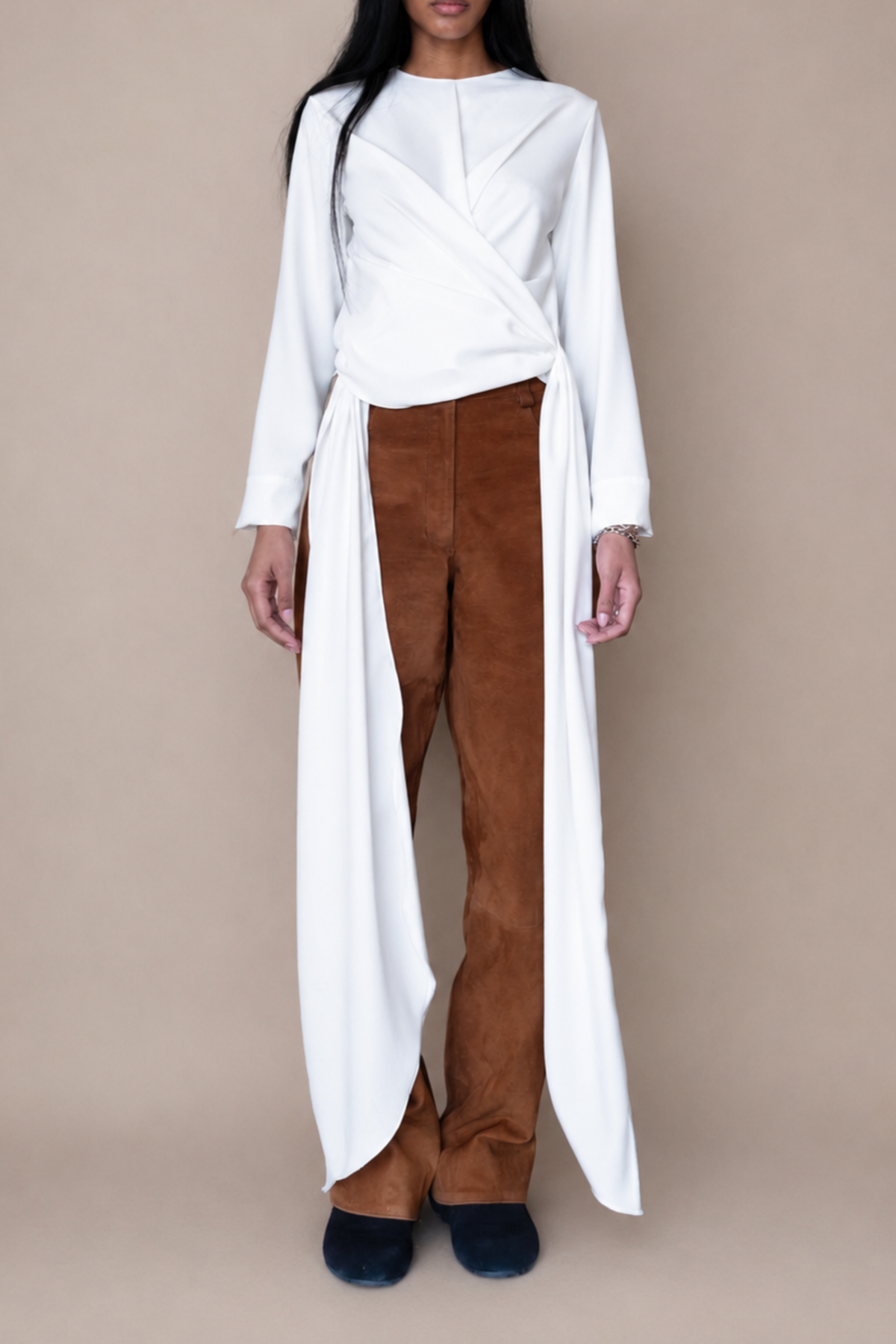 Sloan Ivory Wrap Drape Top in fluid crepe with relaxed silhouette at Alas Eius