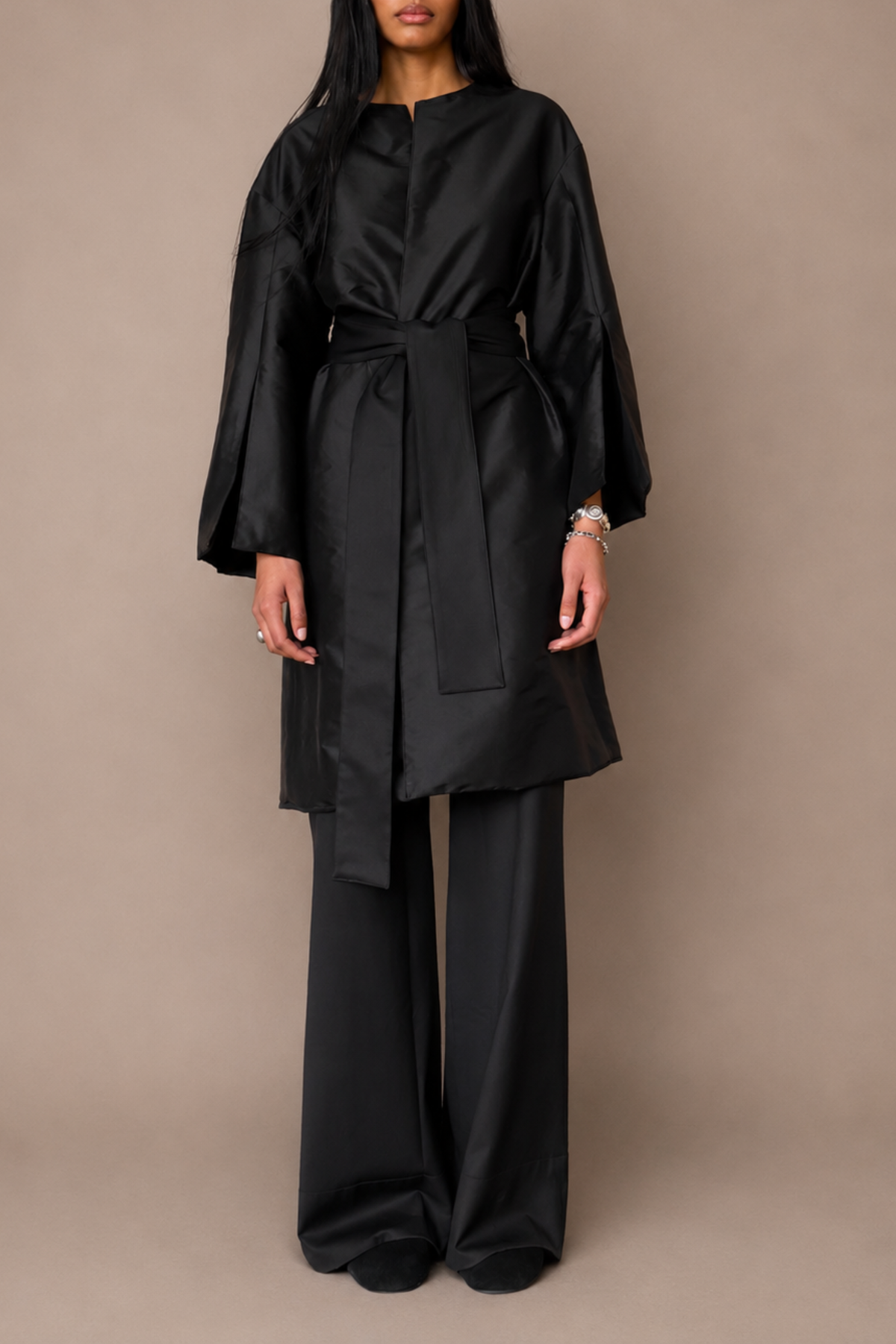 Sloan Reversible Opera Jacket in black summer wool and lustrous taffeta at Alas Eius