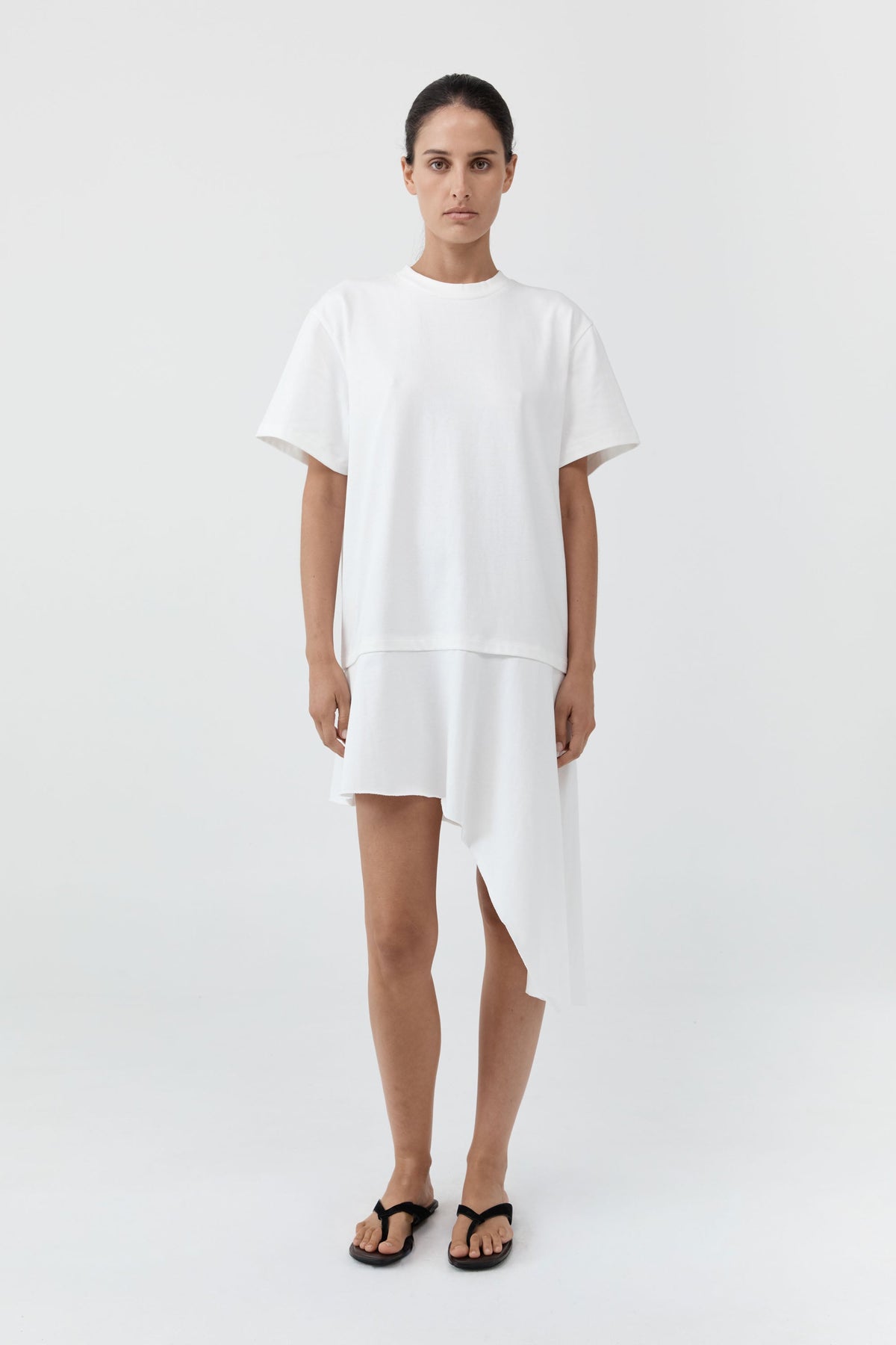 St. Agni women's short-sleeve mini dress with boxy silhouette and layered skirt at Alas Eius