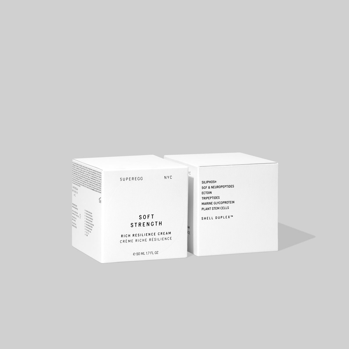 White box product packaging of the non-toxic Superegg Soft Strength Rich Face Cream designed to firm, smooth, and build skin resilience. The cream is made in Korea and Paraben-free; phthalate-free; sulfate-free; silicone-free; fragrance-free; oil-free at Alas Eius.