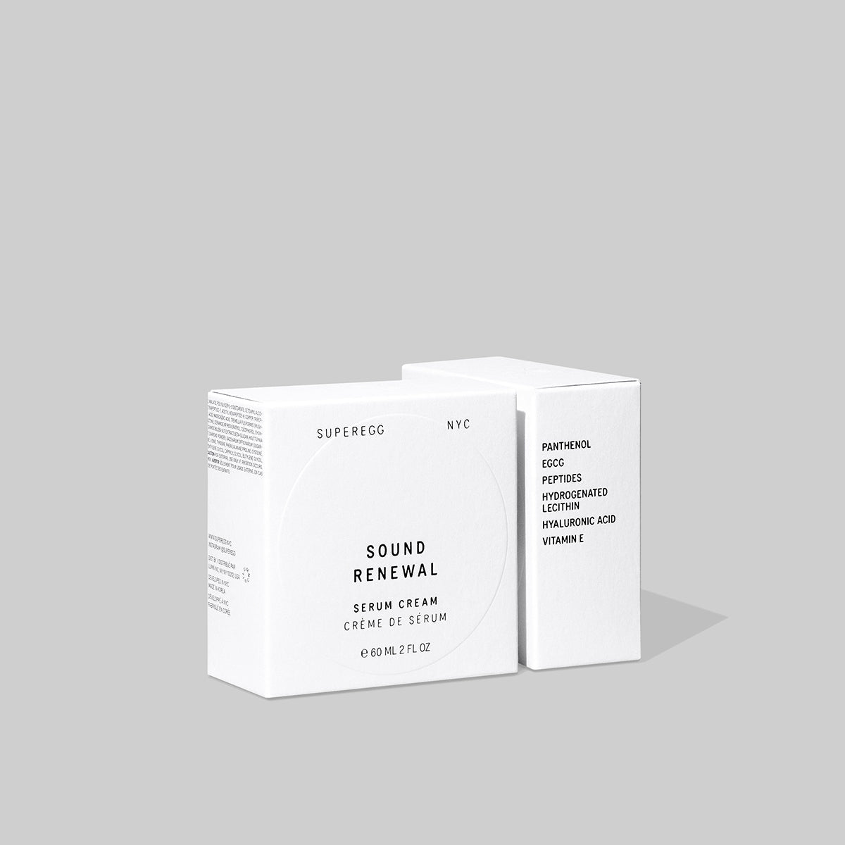 White product box packaging view of the Superegg Skincare Sound Renewal Serum Cream at Alas Eius