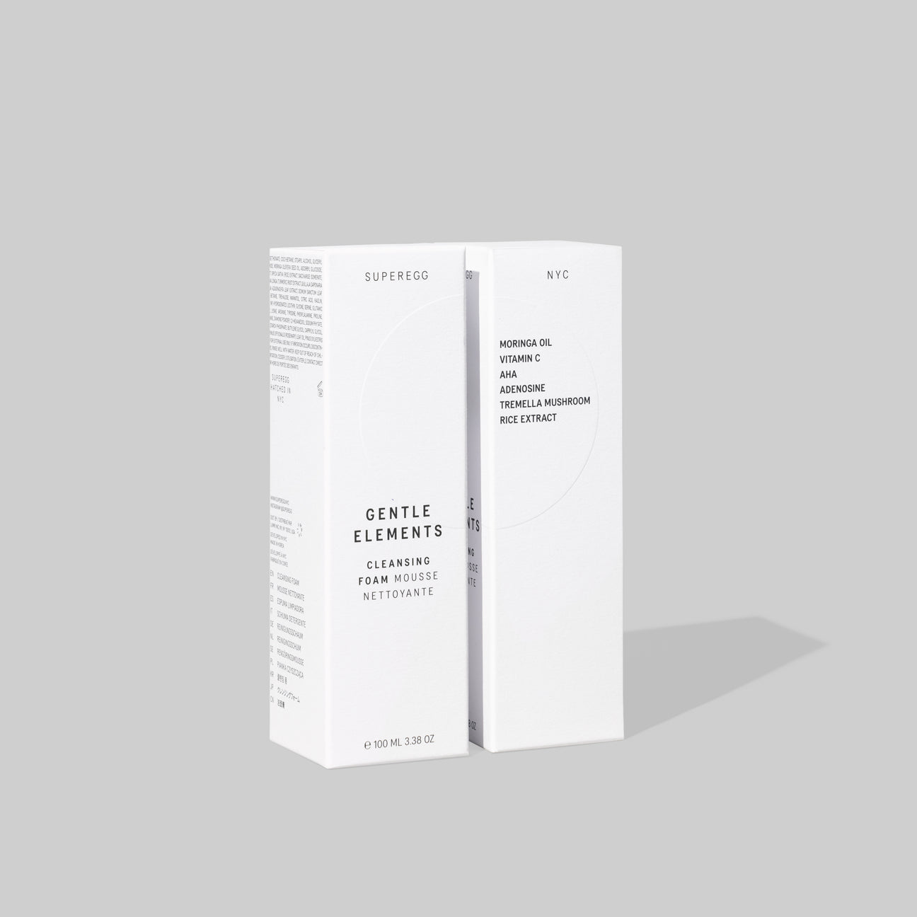 White product packaging of non-toxic and anti-aging Superegg Gentle Elements Foaming Cream Cleanser
that is enriched with botanical extracts and antioxidants at Alas Eius