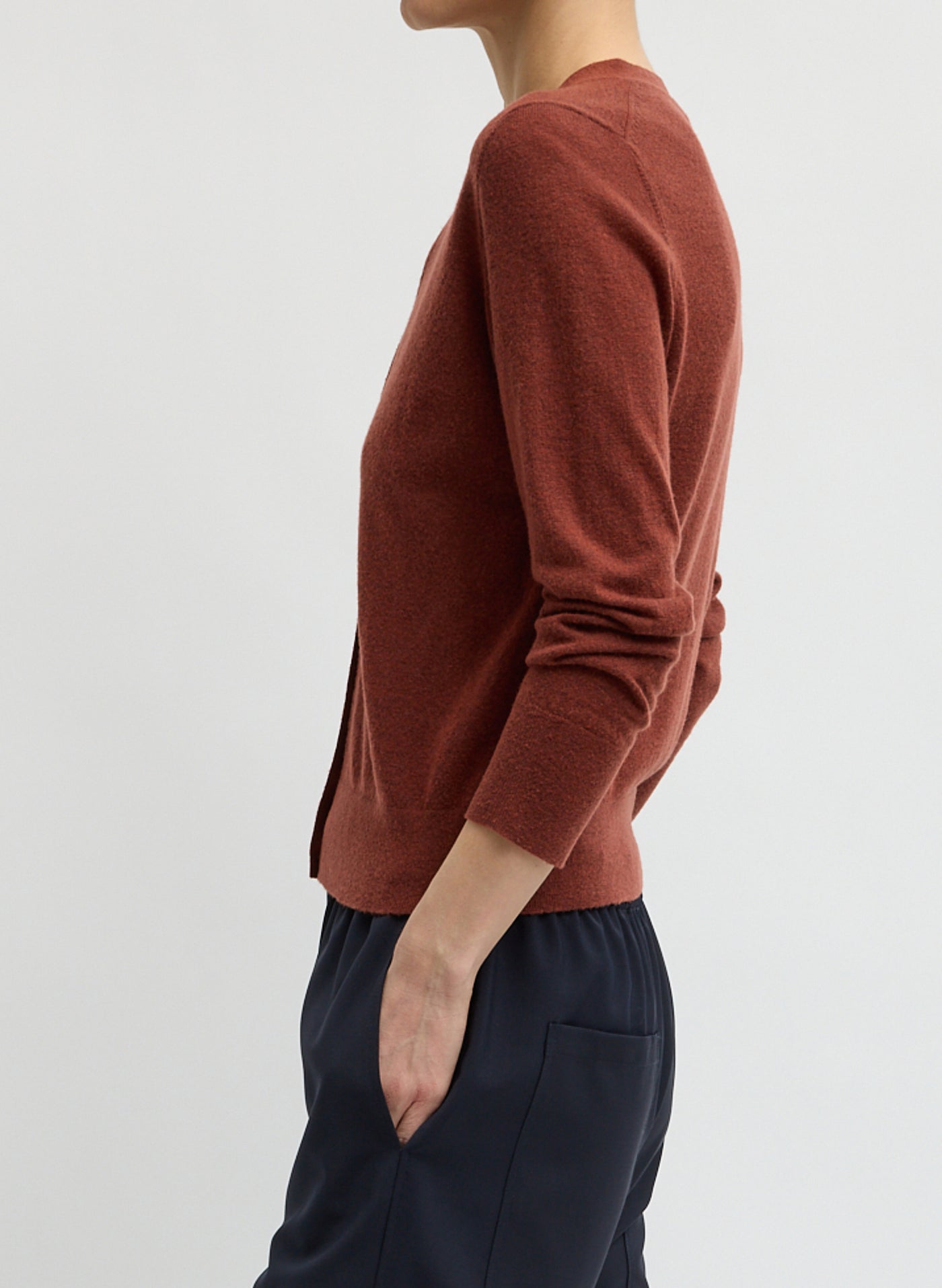Red Clay Skinlike Mercerized Wool V-Neck Shrunken Cardigan