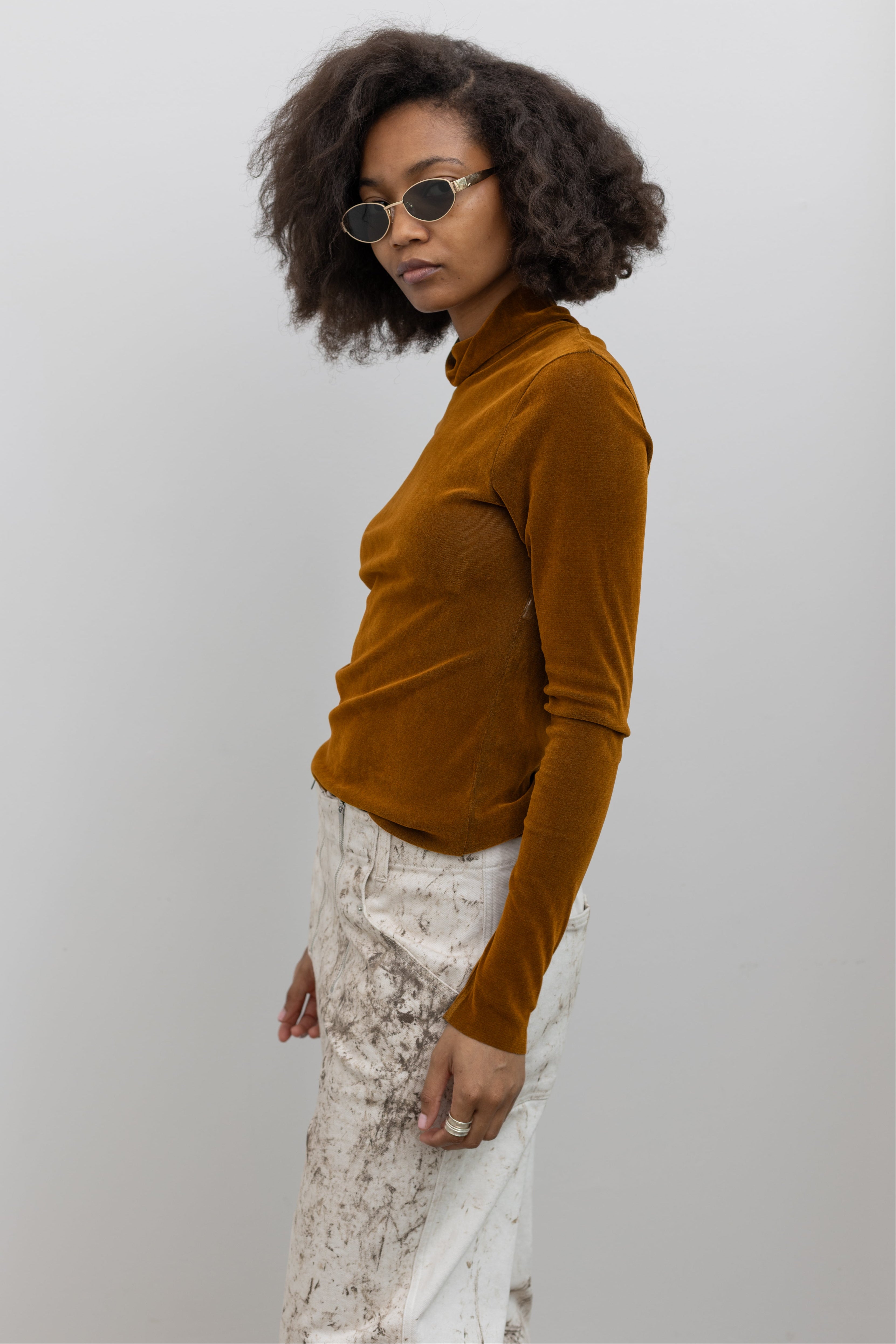 TELA Matilde Brick Red Mock Neck Layering Top Made in Italy at Alas Eius