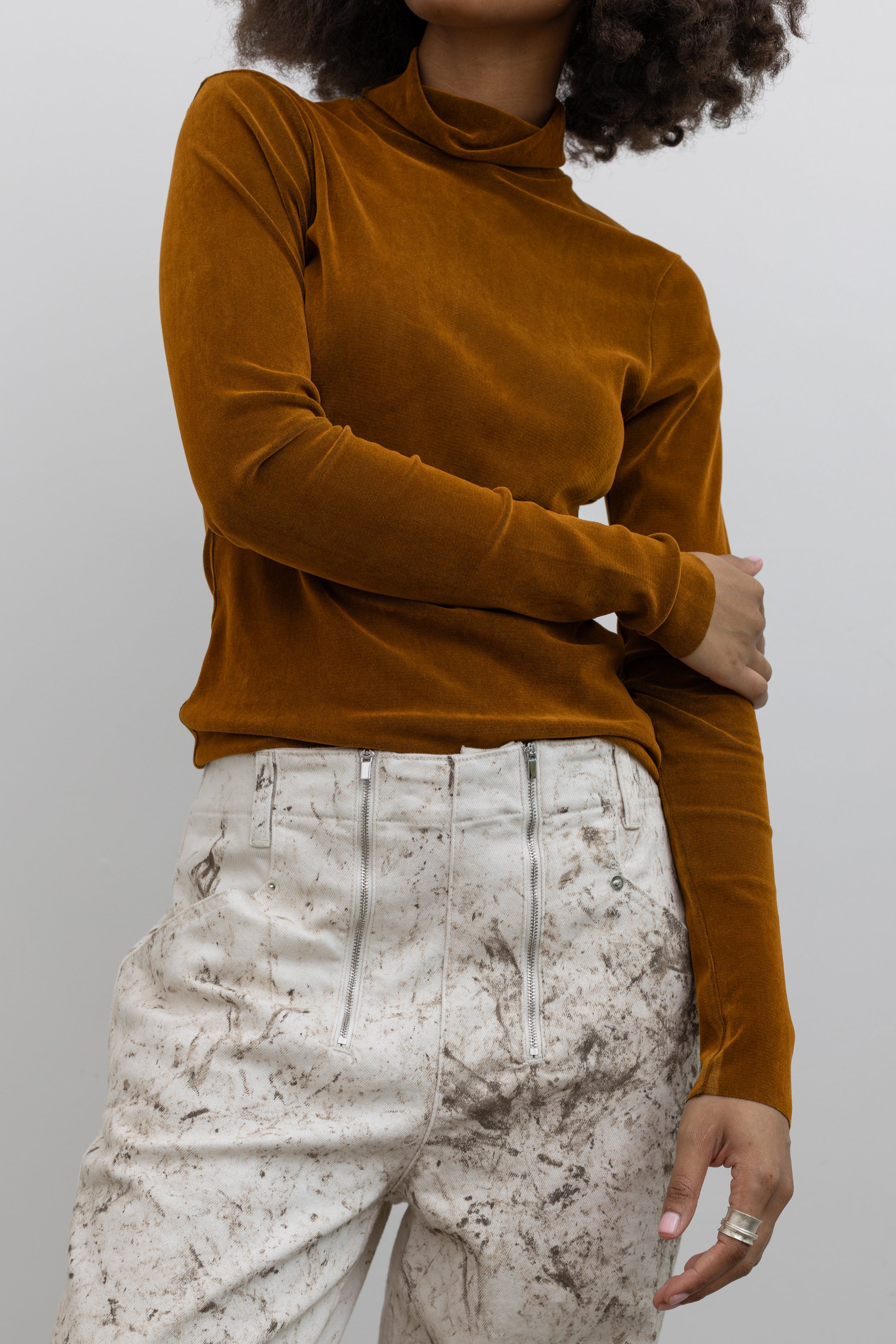 TELA Matilde Brick Red Fitted Jersey Top with Mock Neck at Alas Eius