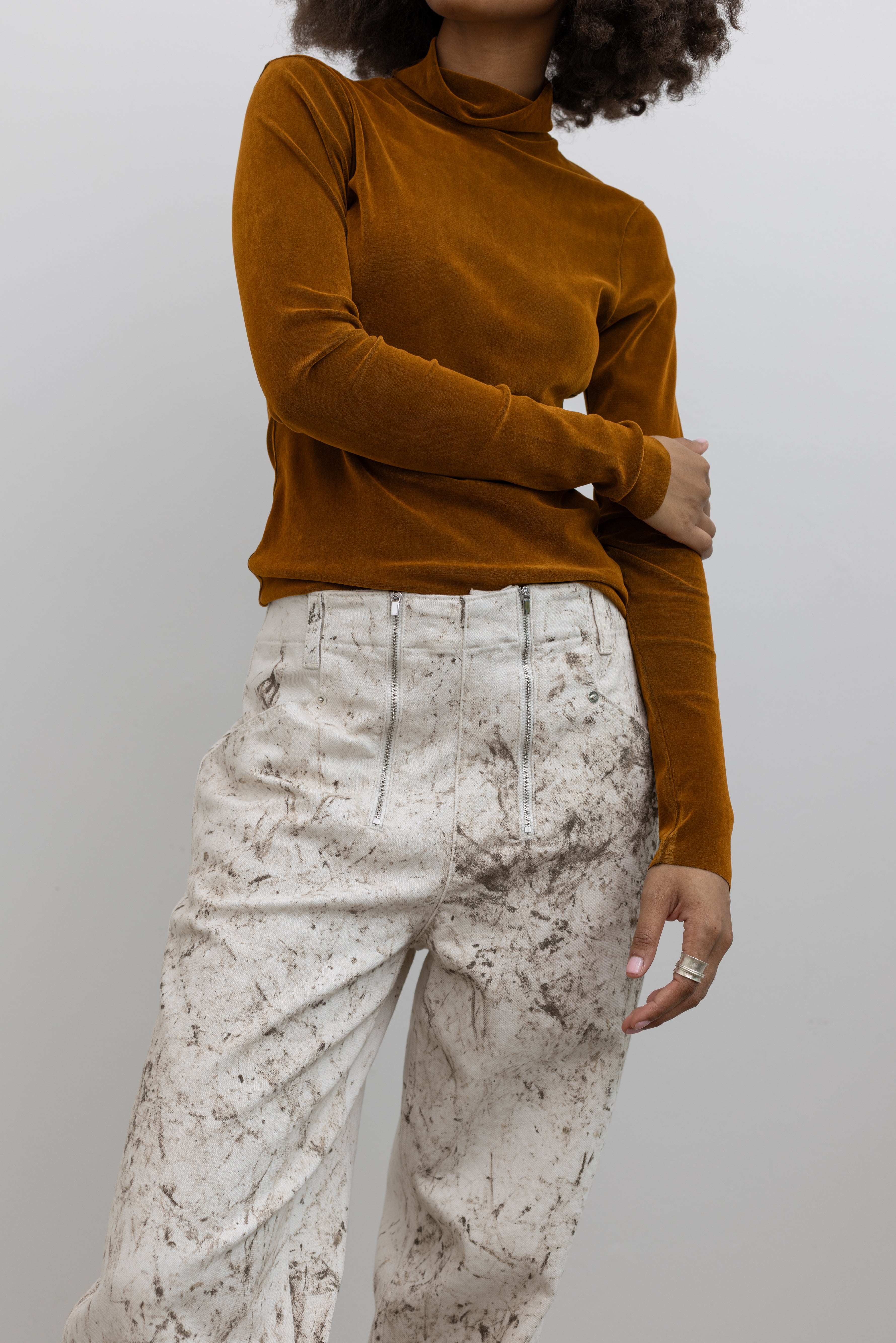 TELA Matilde Brick Red Fitted Jersey Top with Mock Neck at Alas Eius