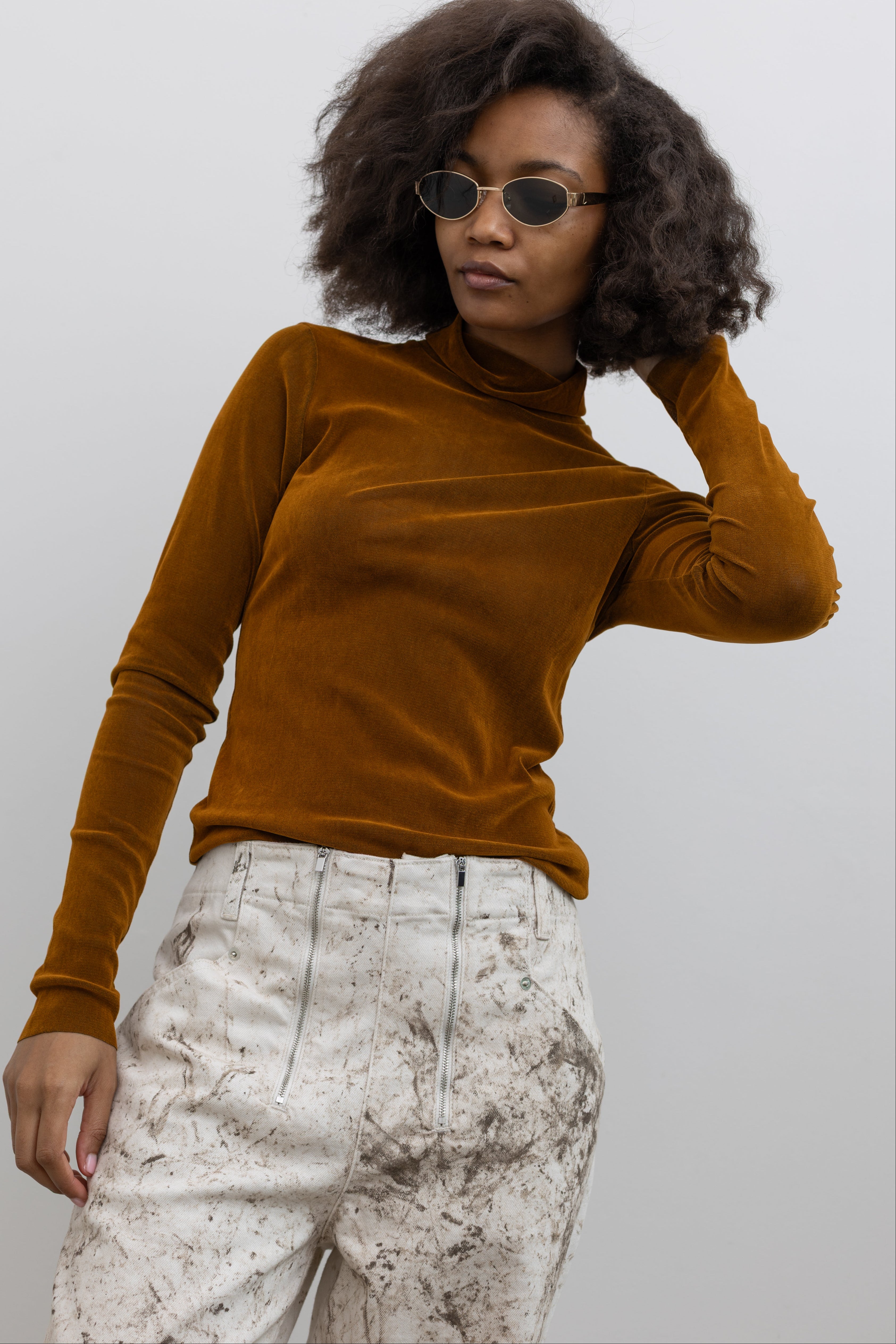 TELA Matilde Brick Red Long Sleeve Stretch Jersey Top at Alas Eius