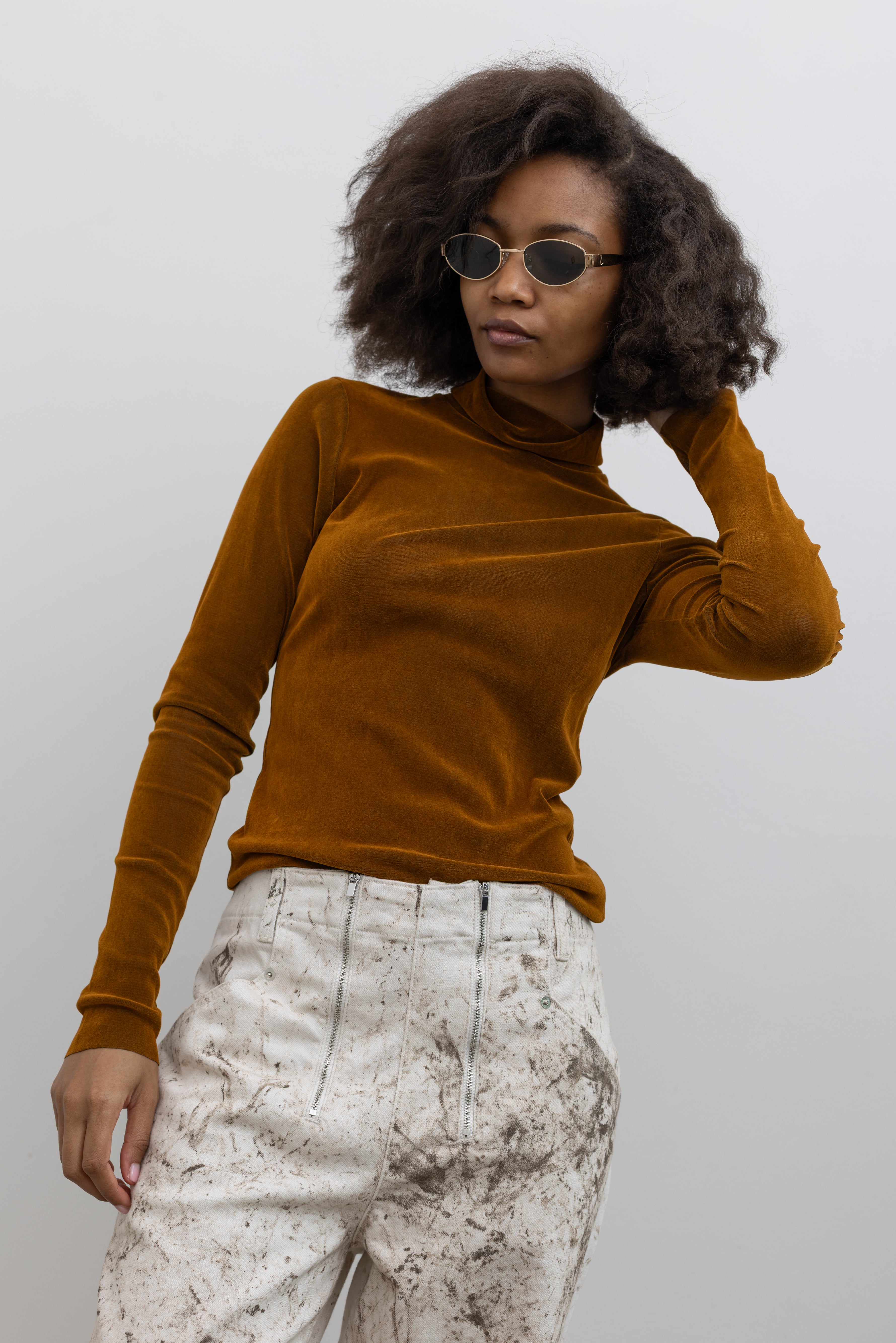TELA Matilde Brick Red Long Sleeve Stretch Jersey Top at Alas Eius