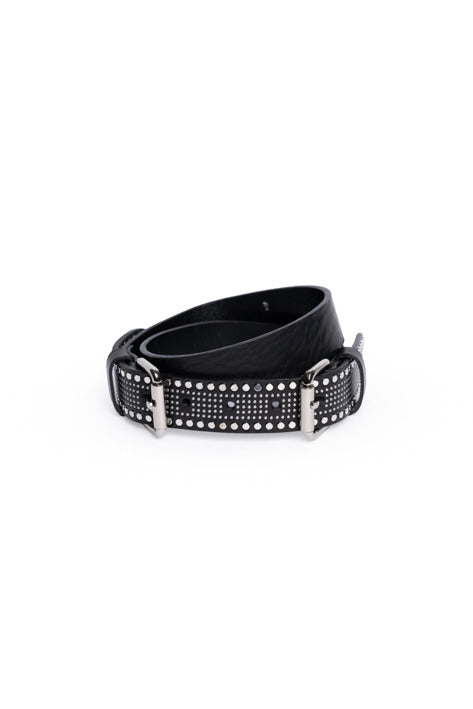 TELA Riccia Black Leather Studded Belt with Silver Tone Buckle at Alas Eius