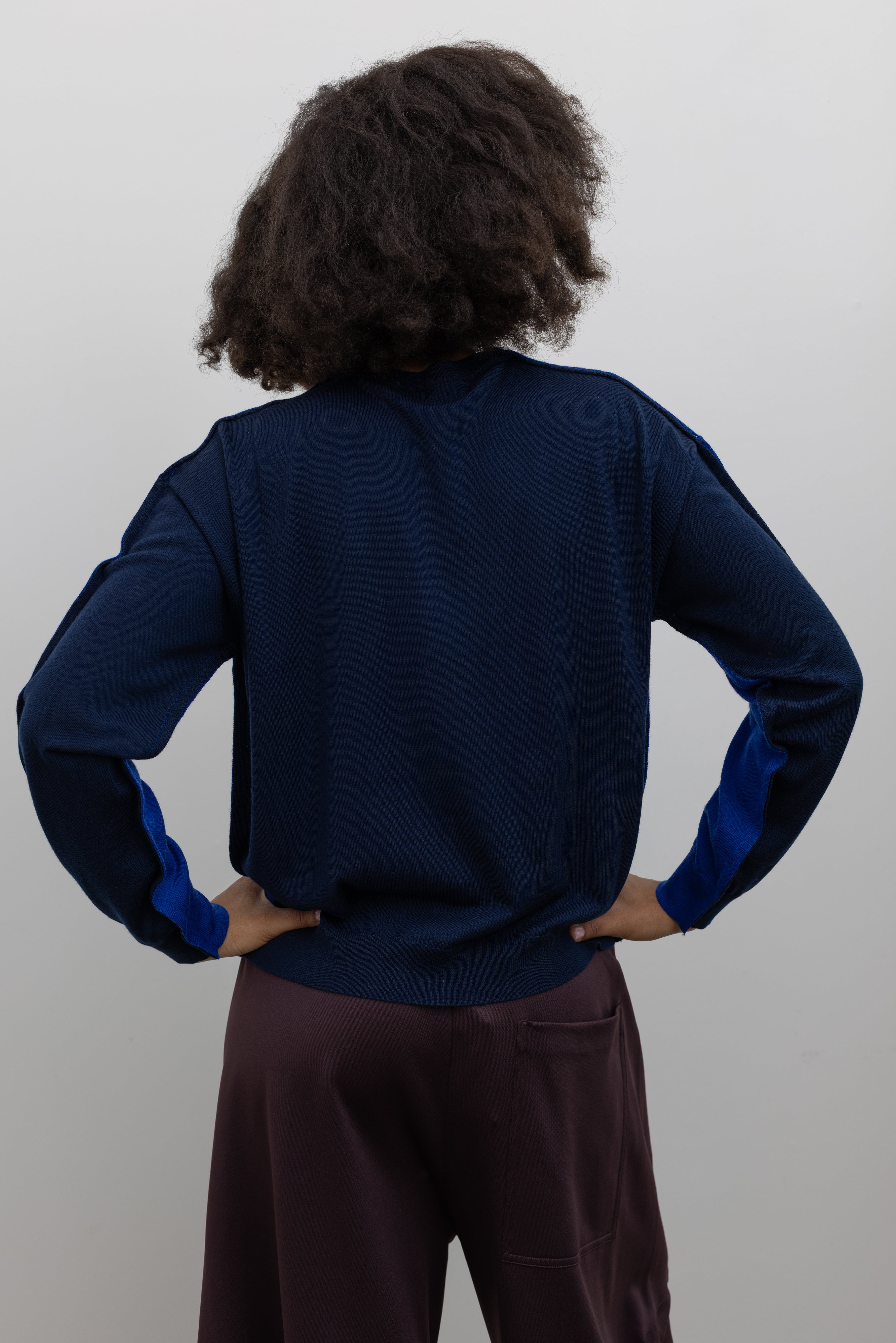 TELA Wen Ink Blue Color Block Wool Sweater at Alas Eius