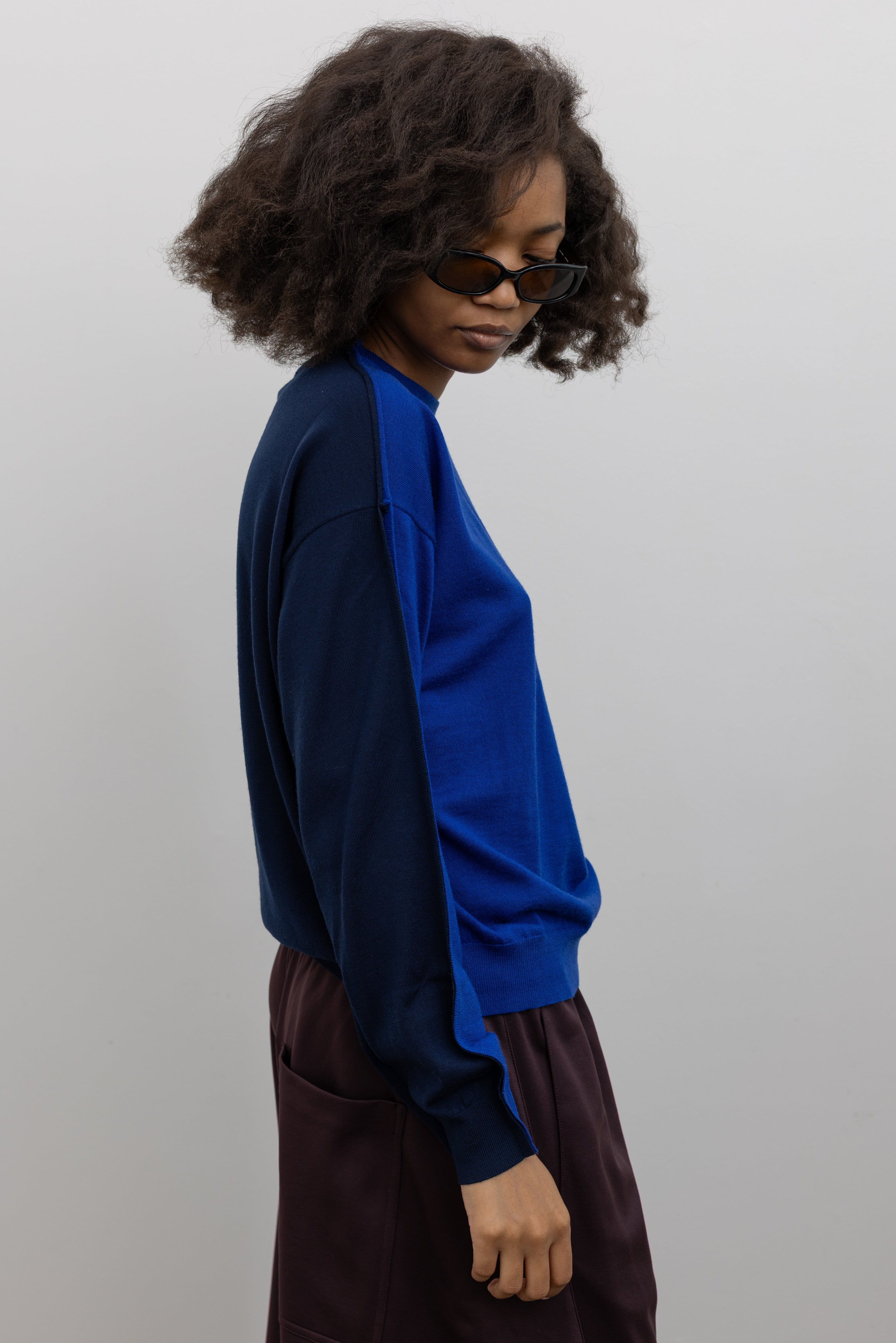 TELA Wen Ink Blue and Dark Blue Two Tone Wool Sweater at Alas Eius