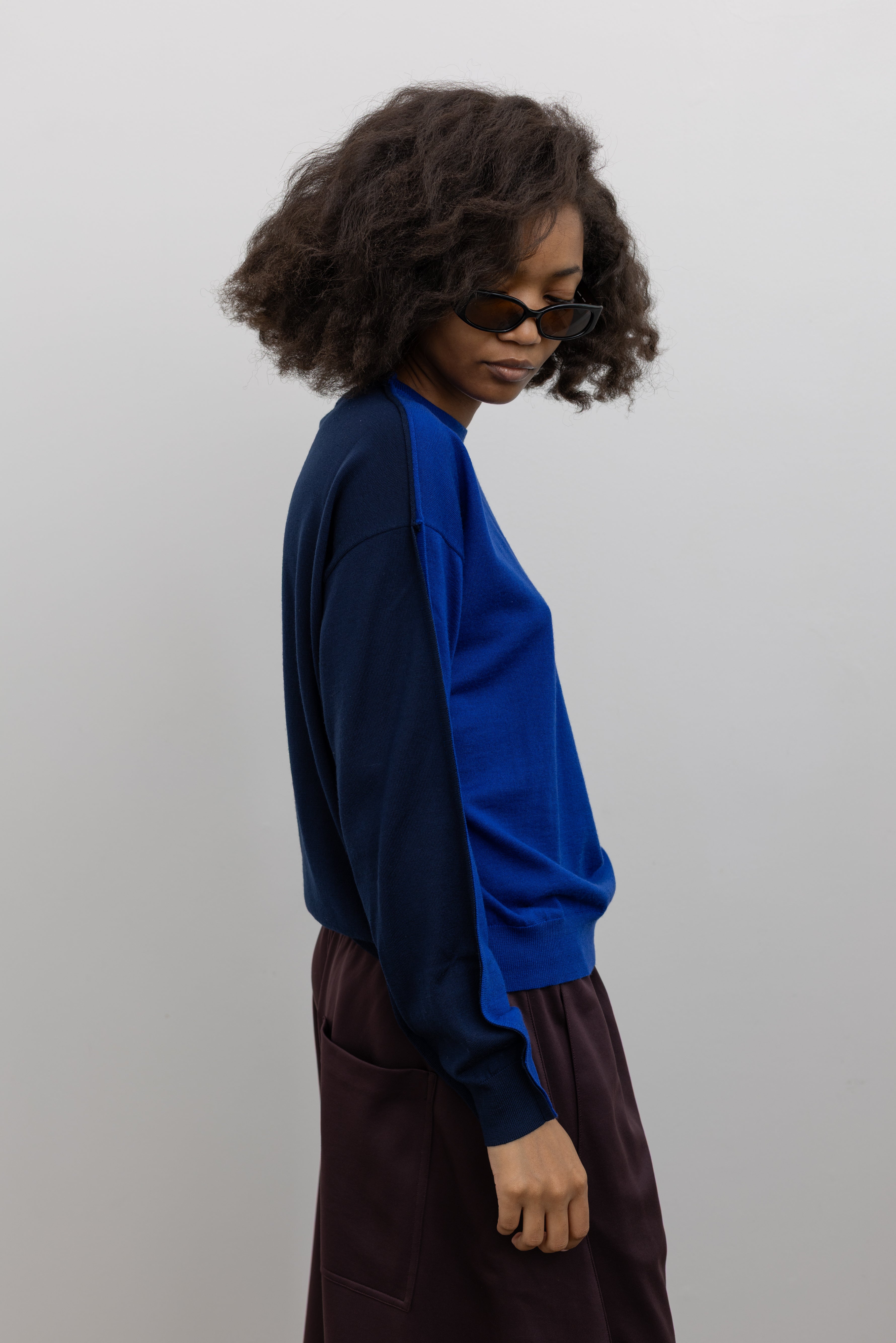 TELA Wen Ink Blue and Dark Blue Two Tone Wool Sweater at Alas Eius